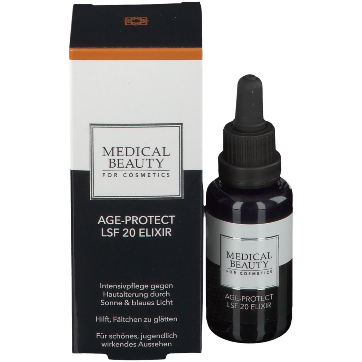 Produktflasche und Verpackung. Aufschrift: MEDICAL BEAUTY, AGE-PROTECT LSF 20 ELIXIR.