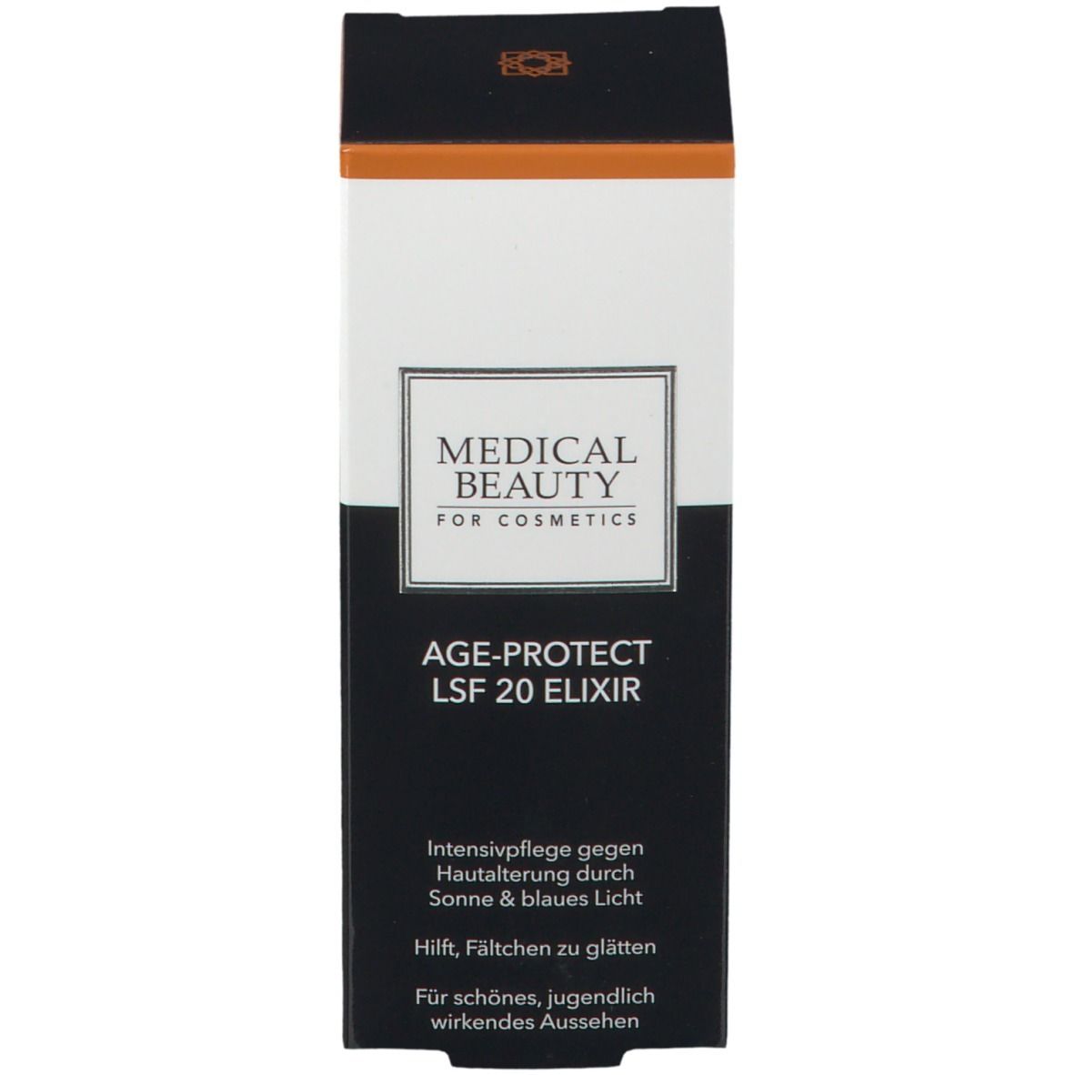 Produktverpackung. Aufschrift: MEDICAL BEAUTY, AGE-PROTECT LSF 20 ELIXIR.