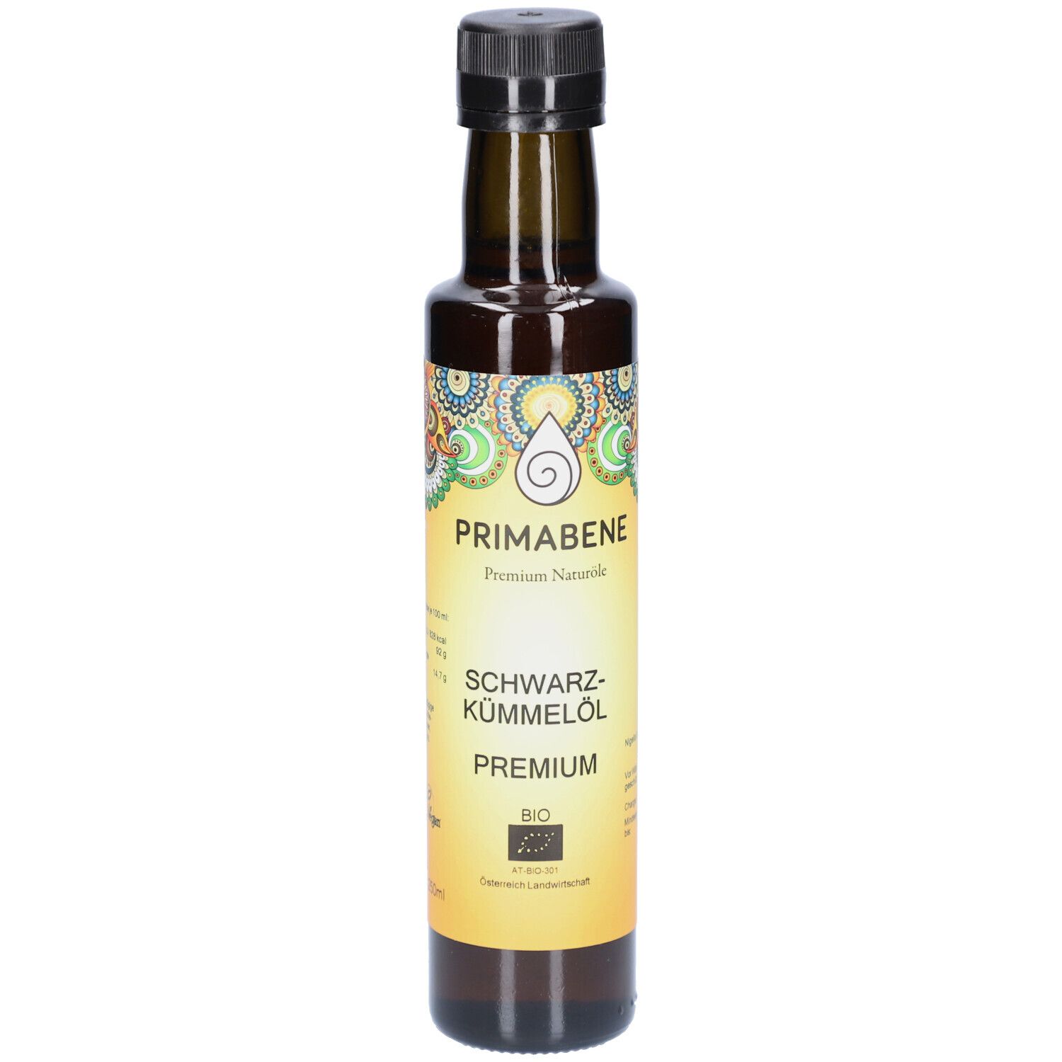 Braune Glasflasche mit schwarzem Deckel. Etikett mit Produktnamen und Bio-Siegel. Aufschrift: SCHWARZ-KÜMMELÖL PREMIUM.