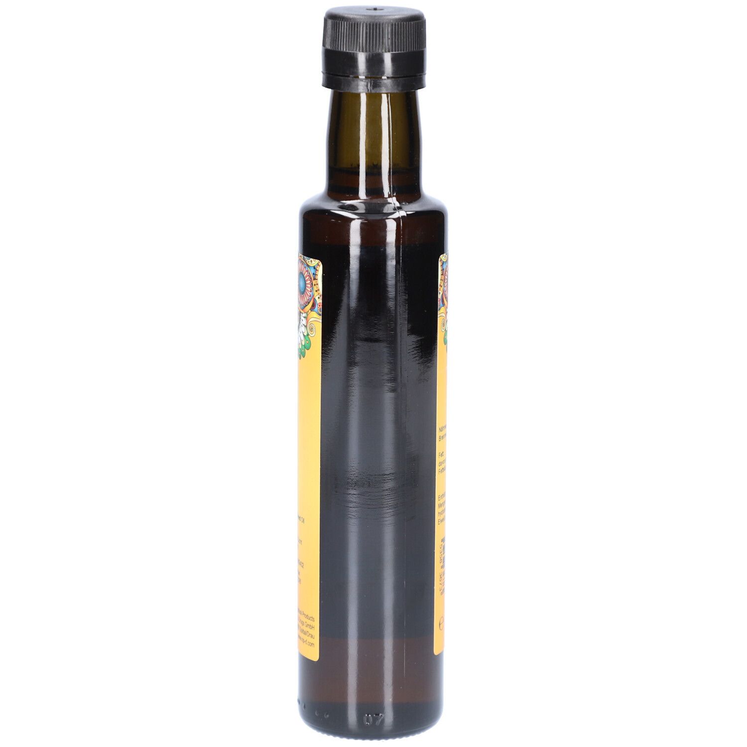 Braune Glasflasche mit schwarzem Deckel. Etikett teilweise sichtbar. Produktname nicht lesbar.