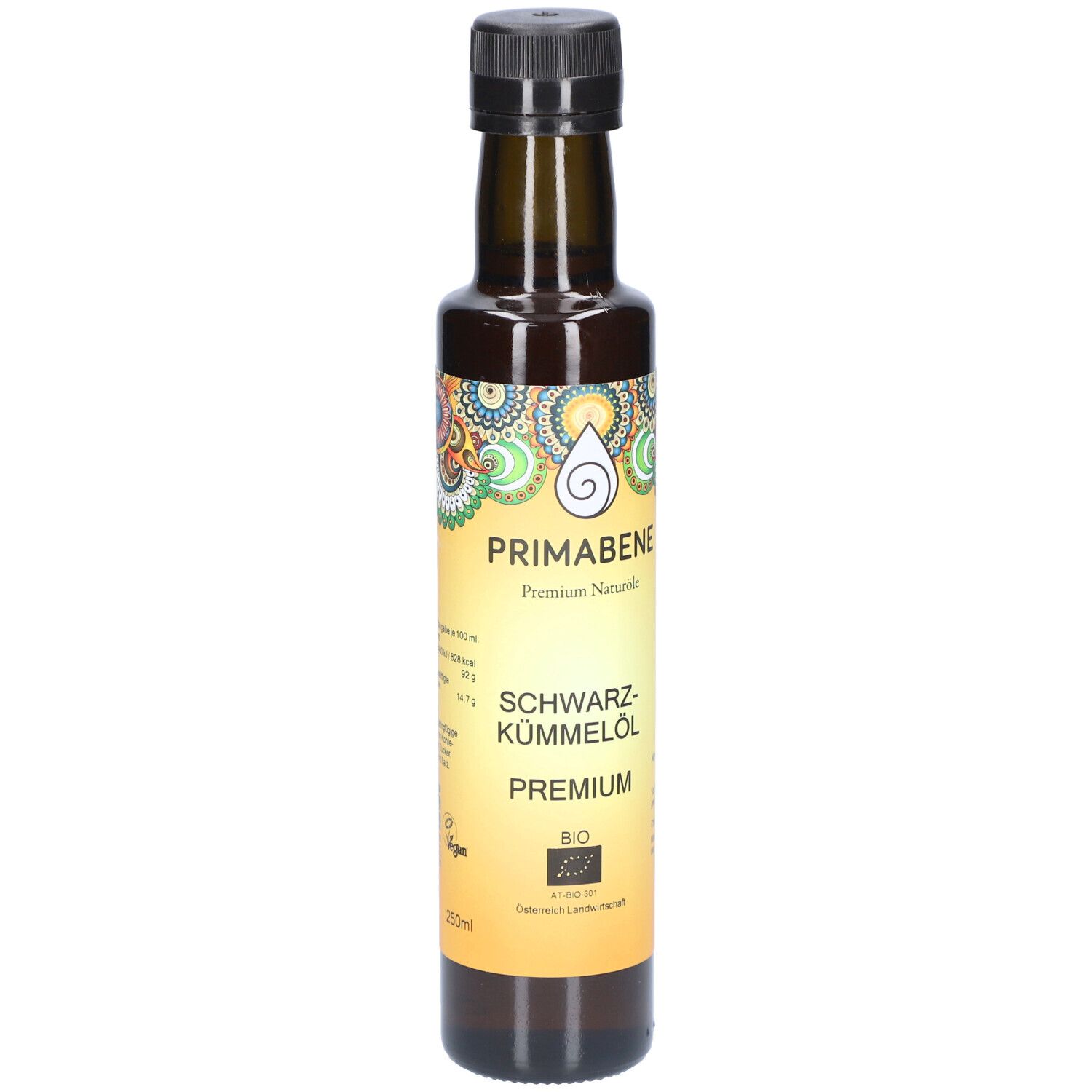 Braune Glasflasche mit schwarzem Deckel. Etikett mit Produktnamen und Bio-Siegel. Aufschrift: SCHWARZ-KÜMMELÖL PREMIUM.