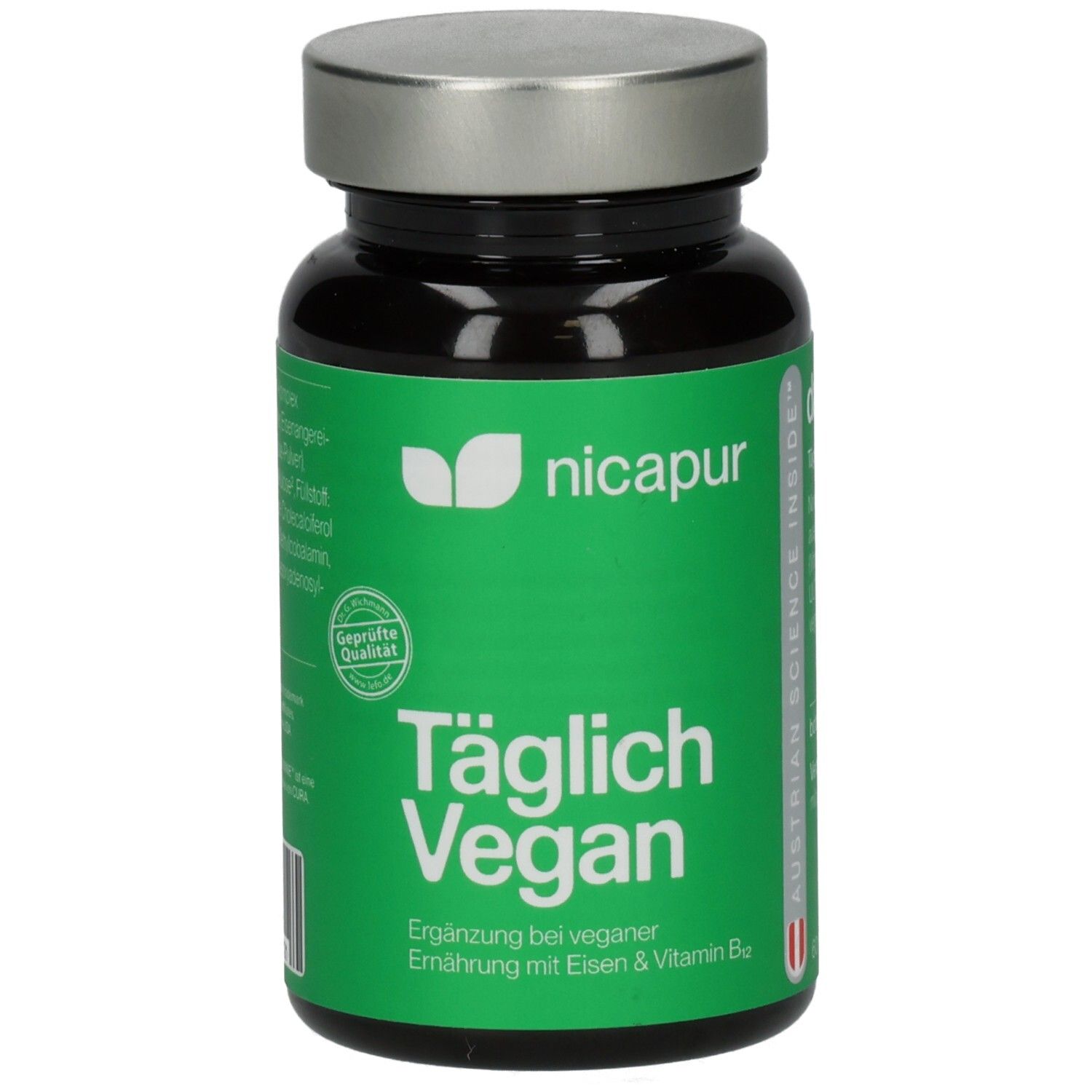 Dunkle Flasche mit grünem Etikett. Aufschrift: nicapur® Täglich Vegan. Enthält Eisen & Vitamin B12. Mit Deckel.