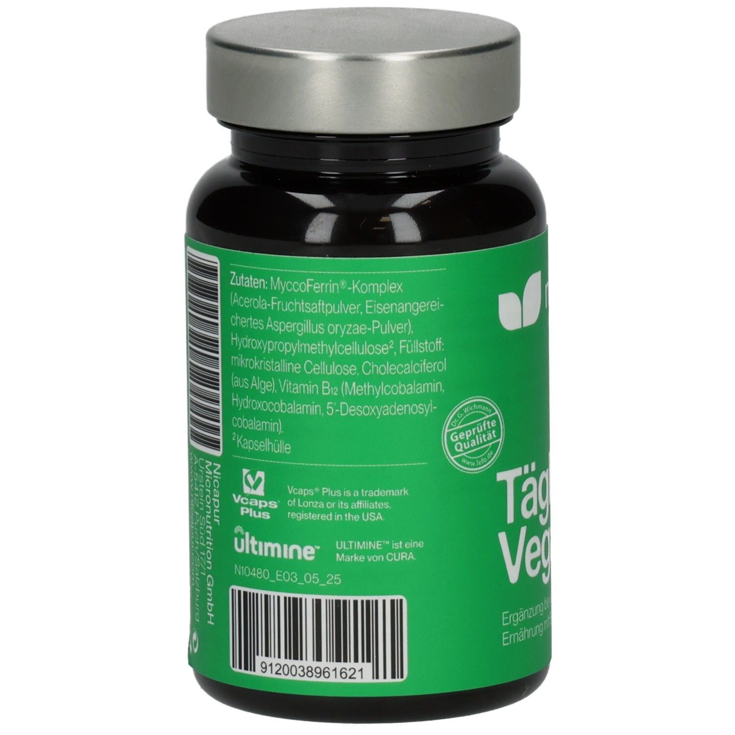 Rückseite der Flasche. Grünes Etikett mit Zutatenliste, Barcode und Logo. Marke: nicapur®.