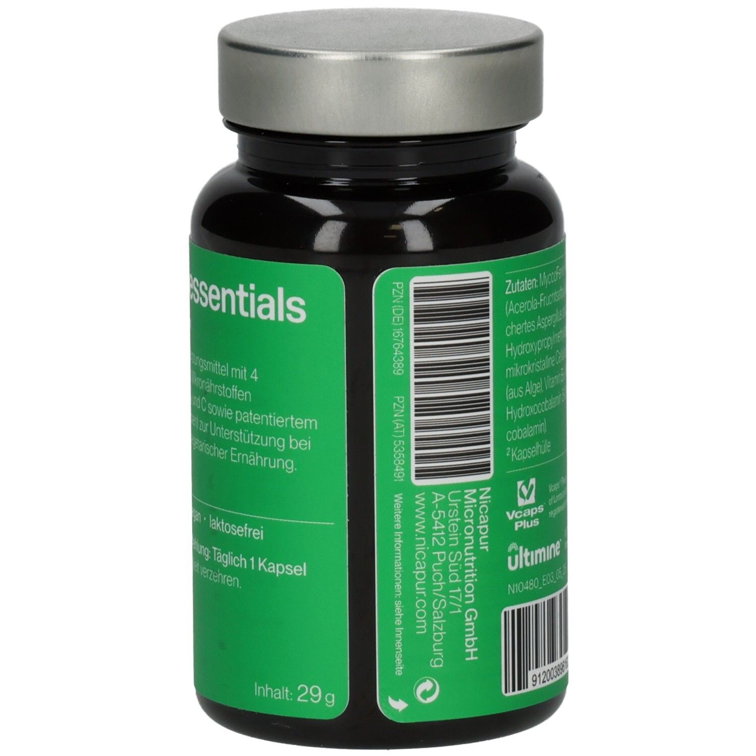 Rückseite der Flasche. Grünes Etikett mit Inhaltsangabe und Herstellerinformationen. Marke: nicapur®.