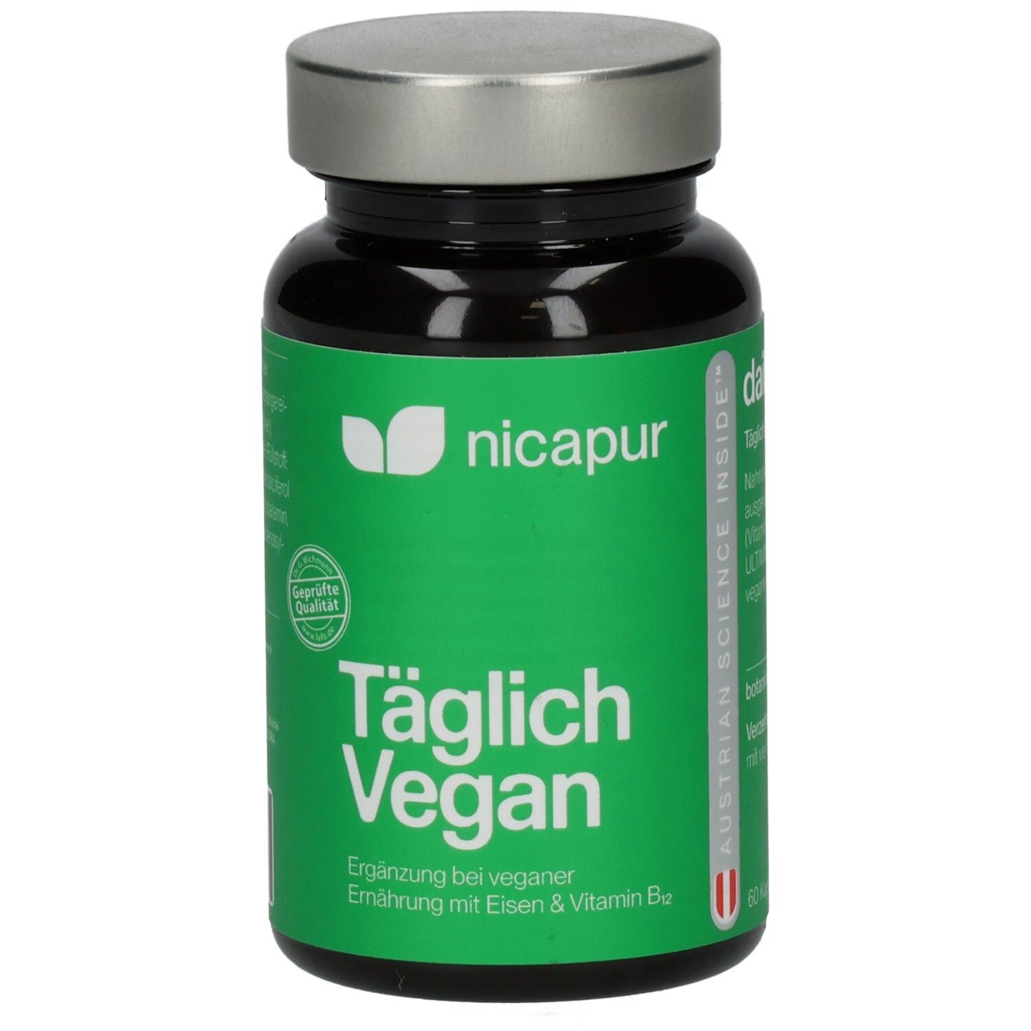Dunkle Flasche mit grünem Etikett. Aufschrift: nicapur® Täglich Vegan. Enthält 60 Kapseln. Mit Deckel.