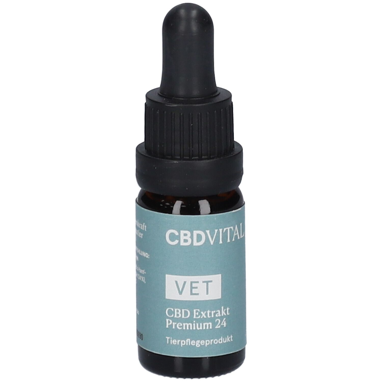 Braune Glasflasche mit schwarzem Tropfer. Etikett mit CBDVITAL, VET, CBD Extrakt Premium 24. Tierpflegeprodukt.