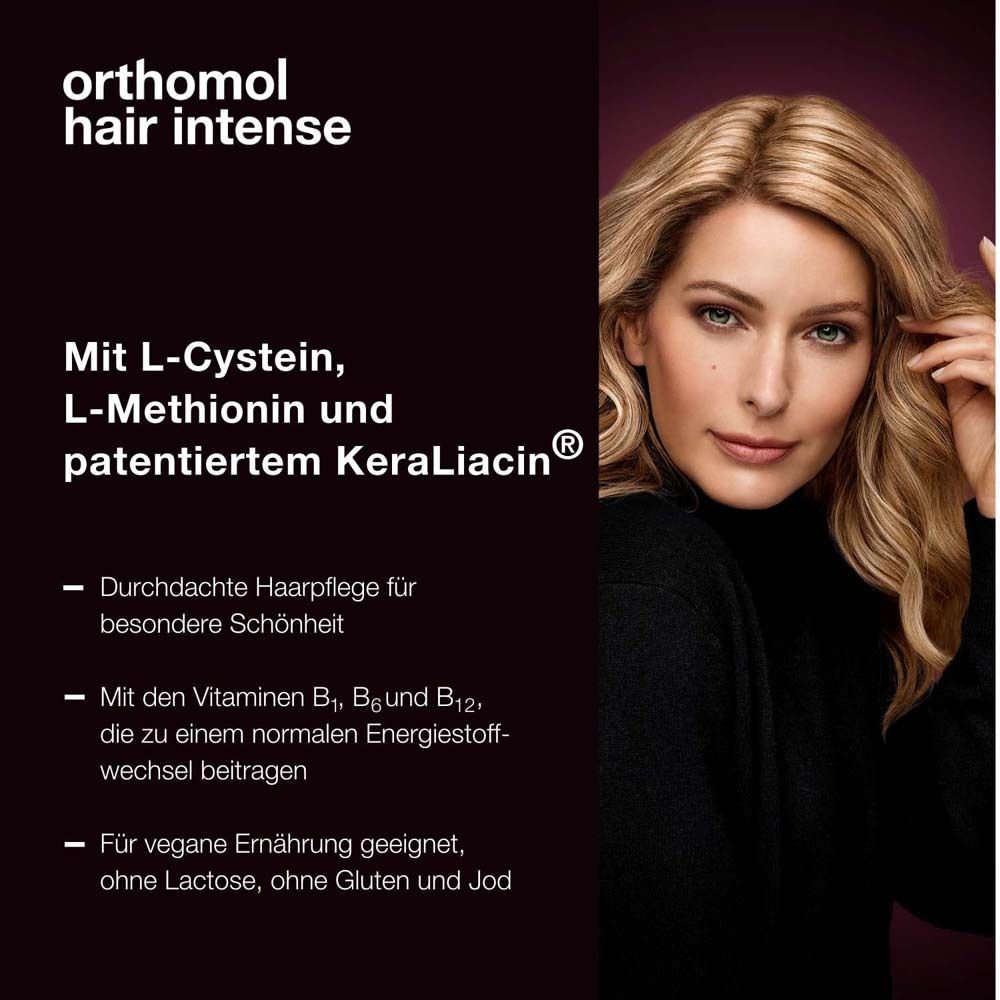 Frau mit blonden Haaren. Text: Mikronährstoffe für Haare. Enthält L-Cystein, L-Methionin und KeraLiacin.