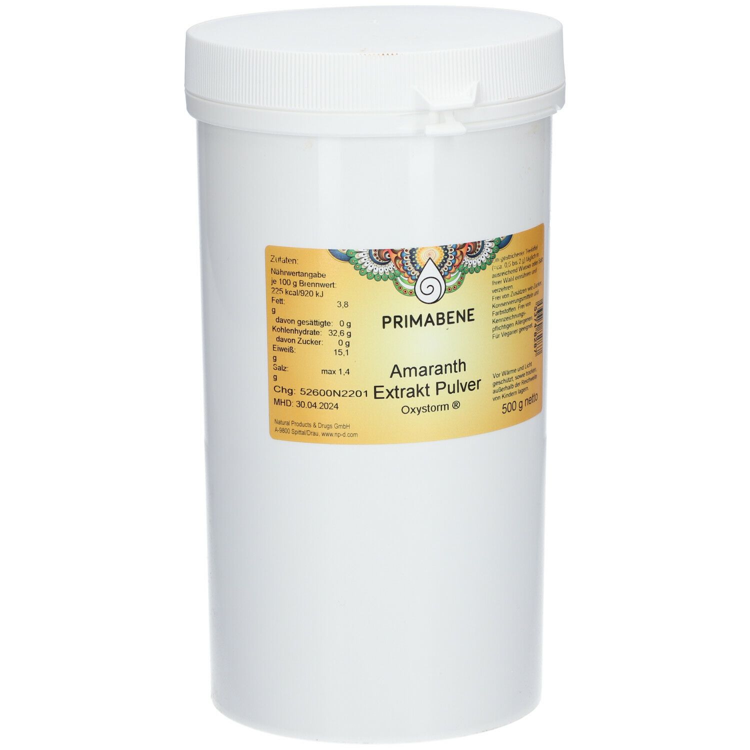 Weißer Behälter mit Deckel. Aufkleber mit Produktinformationen: PRIMABENE Amaranth Extrakt Pulver (Oxystorm®).