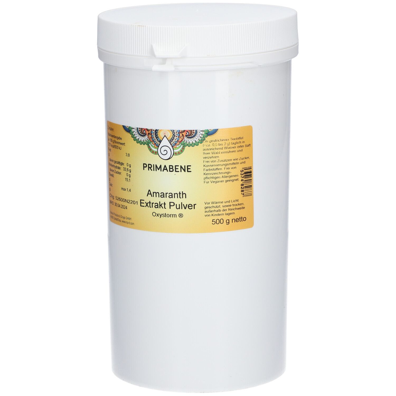 Weißer Behälter mit Deckel. Aufkleber mit Produktinformationen: PRIMABENE Amaranth Extrakt Pulver (Oxystorm®). 500 g netto.