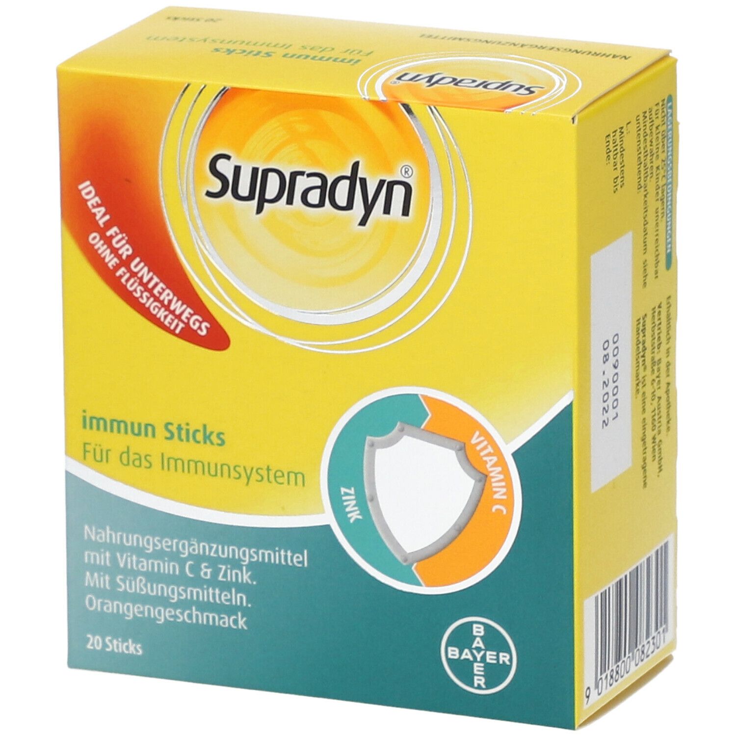 Gelbe Schachtel mit "Supradyn Immun Sticks". Enthält 20 Sticks. Aufdrucke: Zink, Vitamin C, "Für das Immunsystem", "Orangengeschmack".