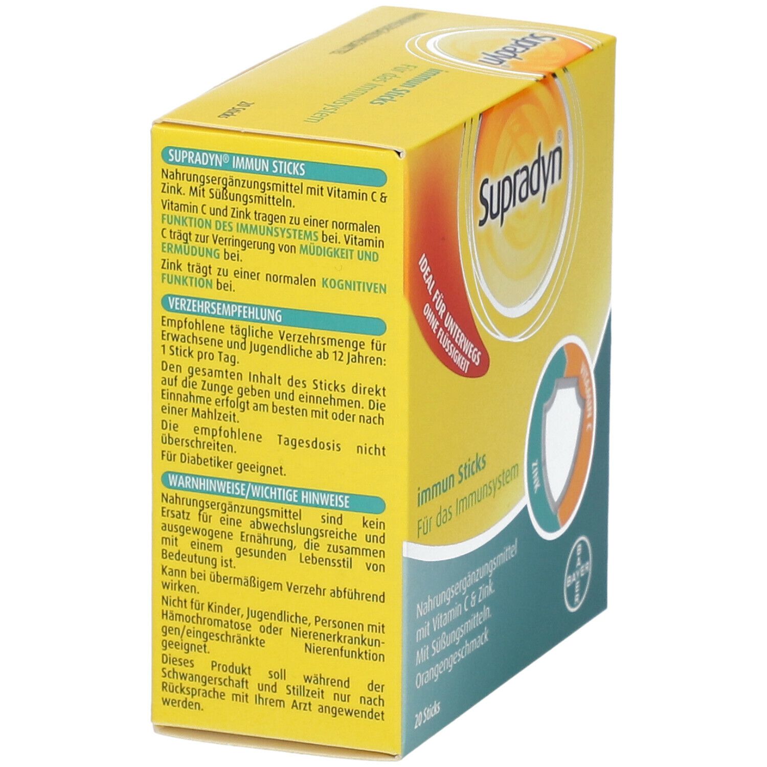 Gelbe Schachtel "Supradyn Immun Sticks". Text auf der Seite: Verzehrempfehlung, Warnhinweise. Logo: Zink, Vitamin C. Bayer-Logo.