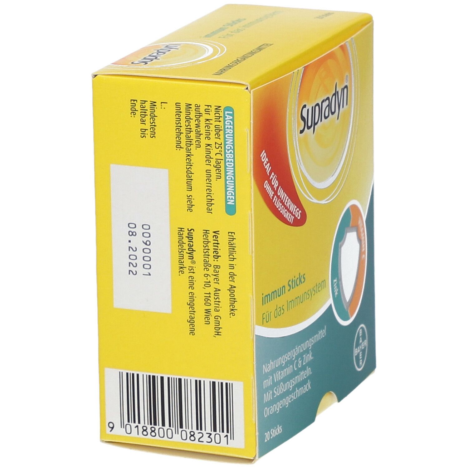 Gelbe Schachtel "Supradyn Immun Sticks". Aufdrucke: Mindesthaltbarkeitsdatum, Chargennummer. Bayer-Logo. Enthält 20 Sticks.