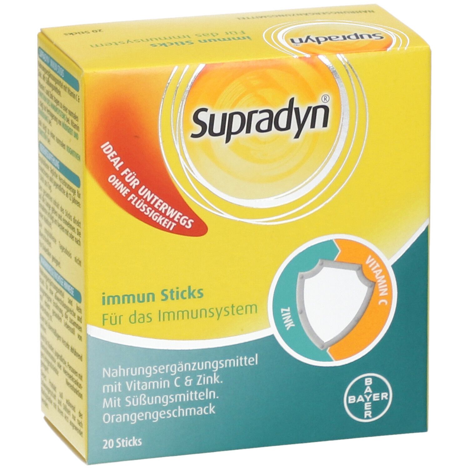 Gelbe Schachtel "Supradyn Immun Sticks". Aufdrucke: Zink, Vitamin C, "Für das Immunsystem", "Orangengeschmack". Bayer-Logo. 20 Sticks.
