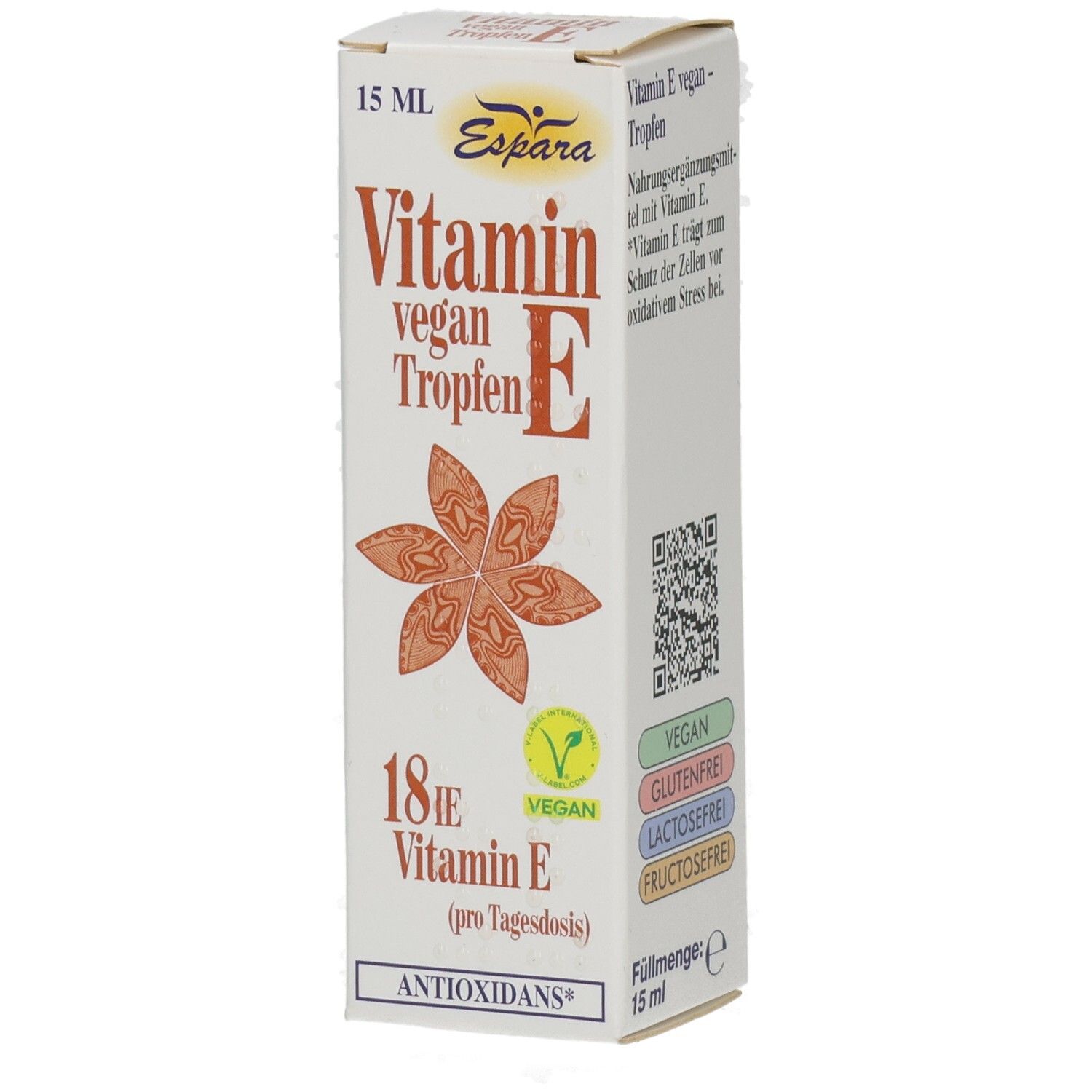 Weißer Karton mit Produktinformationen. Aufschrift: Vitamin E vegan Tropfen, 18 IE Vitamin E, vegan, glutenfrei, laktosefrei, fructosefrei.
