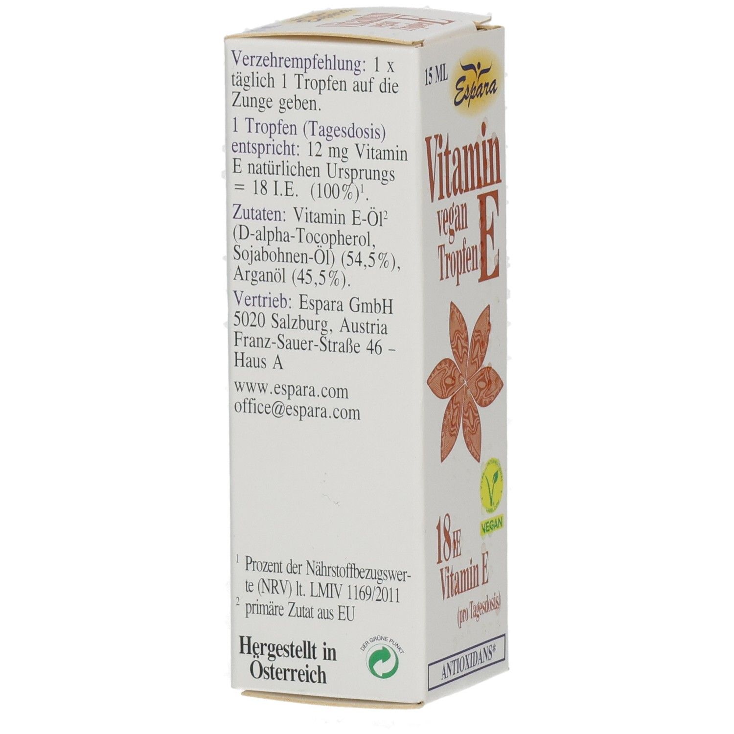 Weißer Karton mit Produktinformationen. Aufschrift: Vitamin E vegan Tropfen, 18 IE Vitamin E, vegan, glutenfrei, laktosefrei, fructosefrei.