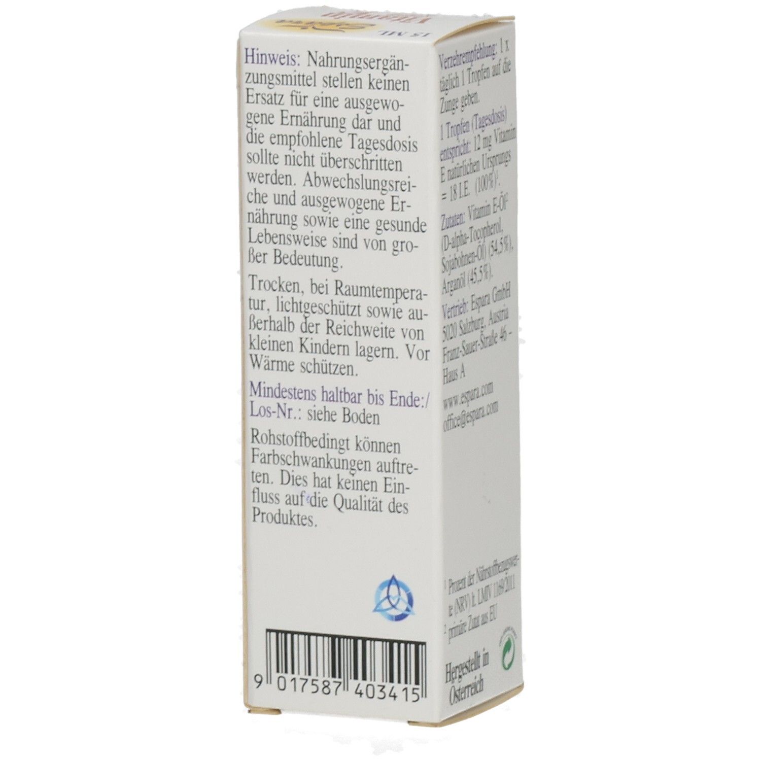 Weißer Karton mit Produktinformationen. Aufschrift: Vitamin E vegan Tropfen, 18 IE Vitamin E, vegan, glutenfrei, laktosefrei, fructosefrei.