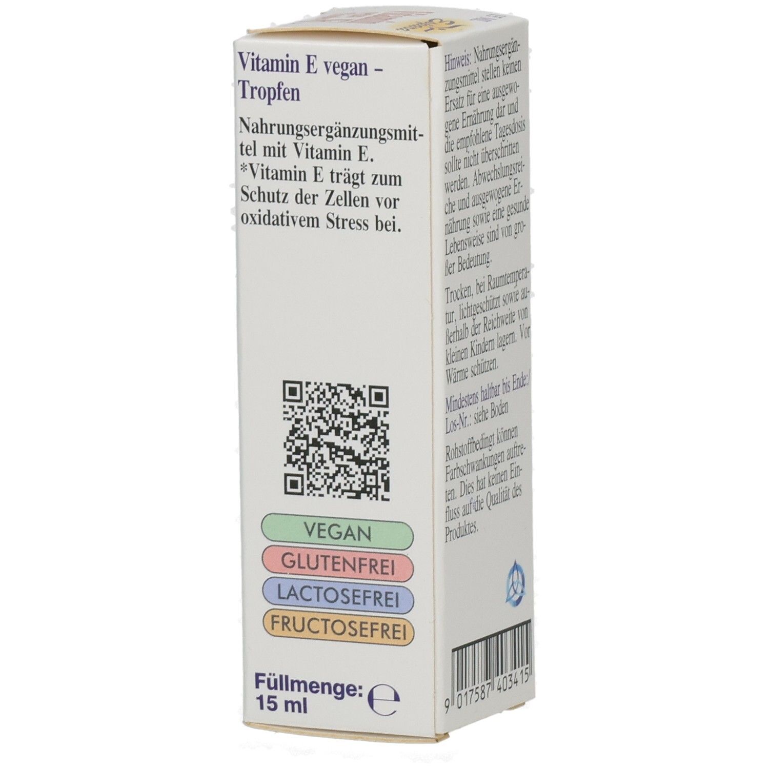 Weißer Karton mit Produktinformationen. Aufschrift: Vitamin E vegan Tropfen, 18 IE Vitamin E, vegan, glutenfrei, laktosefrei, fructosefrei.