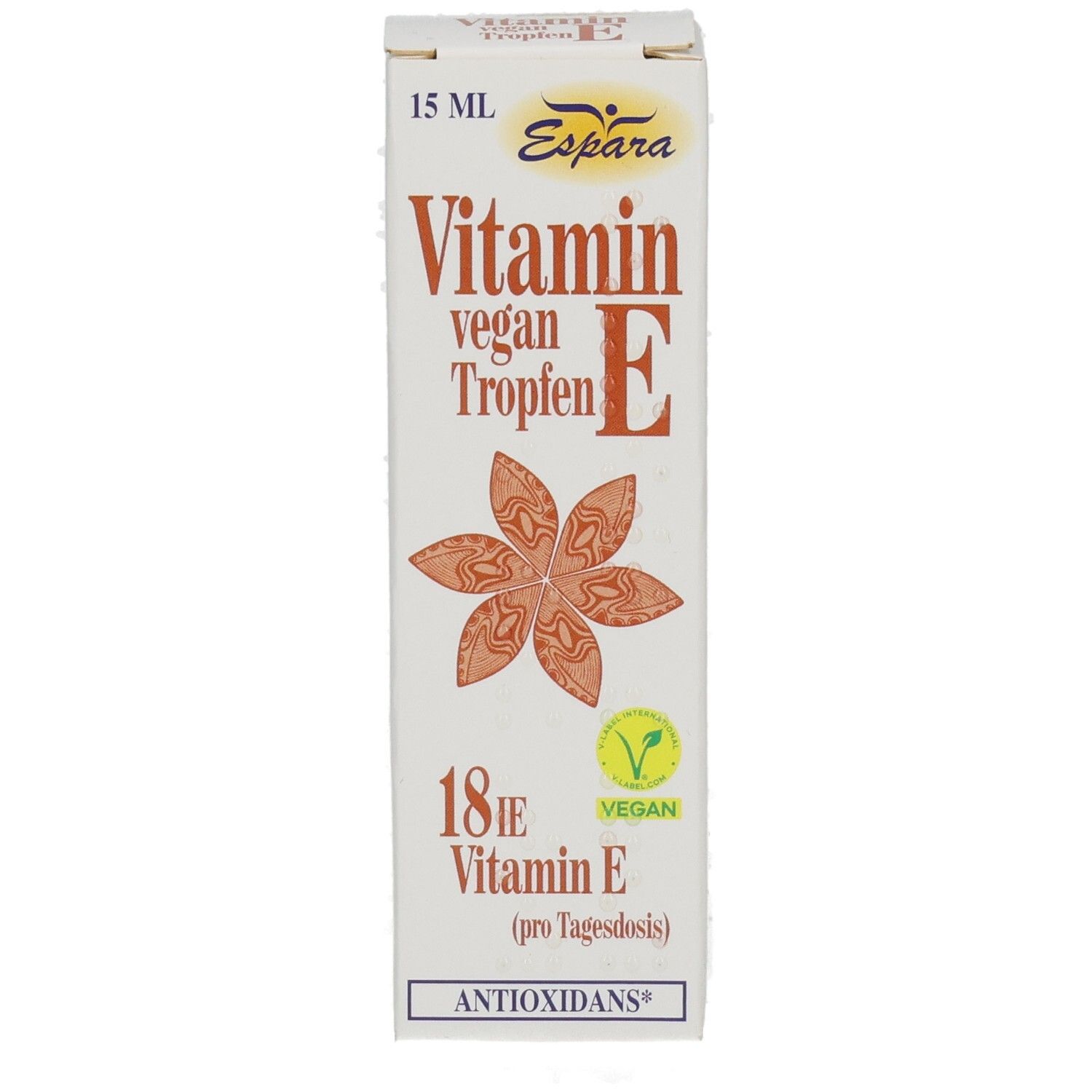 Weißer Karton mit Produktinformationen. Aufschrift: Vitamin E vegan Tropfen, 18 IE Vitamin E, vegan, glutenfrei, laktosefrei, fructosefrei.