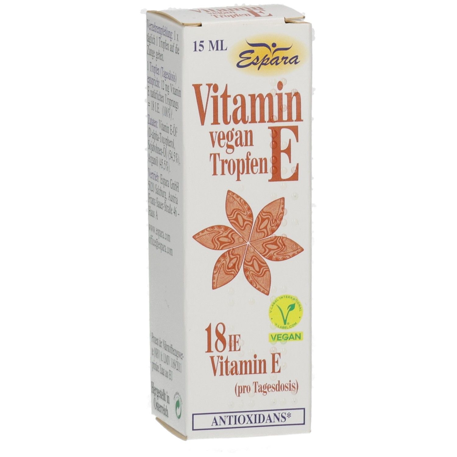 Weißer Karton mit Produktinformationen. Aufschrift: Vitamin E vegan Tropfen, 18 IE Vitamin E, vegan, glutenfrei, laktosefrei, fructosefrei.