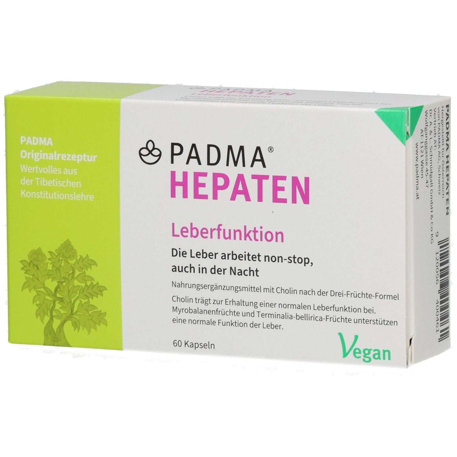 PADMA HEPATEN-Verpackung. Grün-weiße Schachtel mit Produktnamen und Logo. Enthält 60 Kapseln. Vegan.