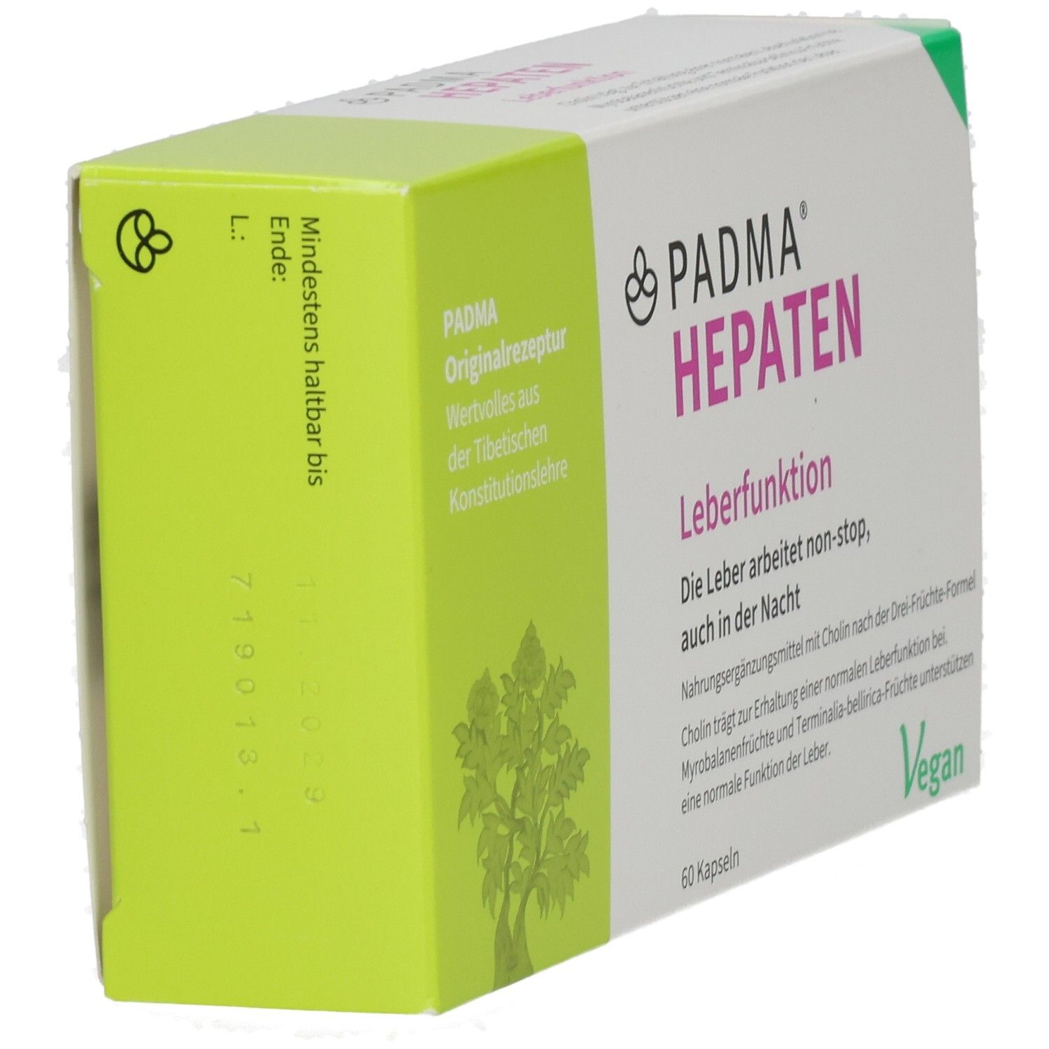 PADMA HEPATEN-Verpackung. Grün-weiße Schachtel. Mindesthaltbarkeitsdatum und Logo. Vegan.
