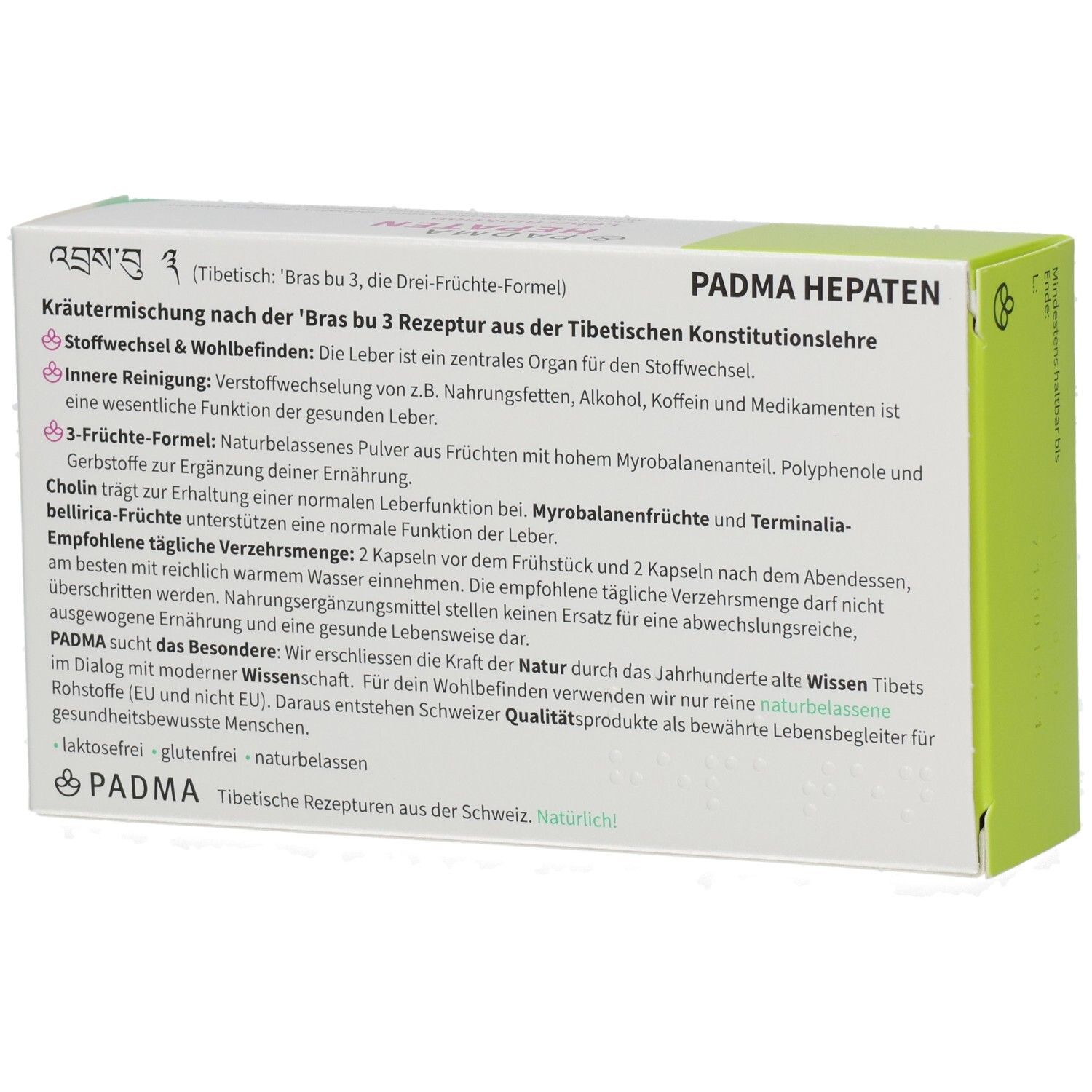 PADMA HEPATEN-Verpackung. Rückseite der Schachtel mit Text. Grün-weiß. Vegan.