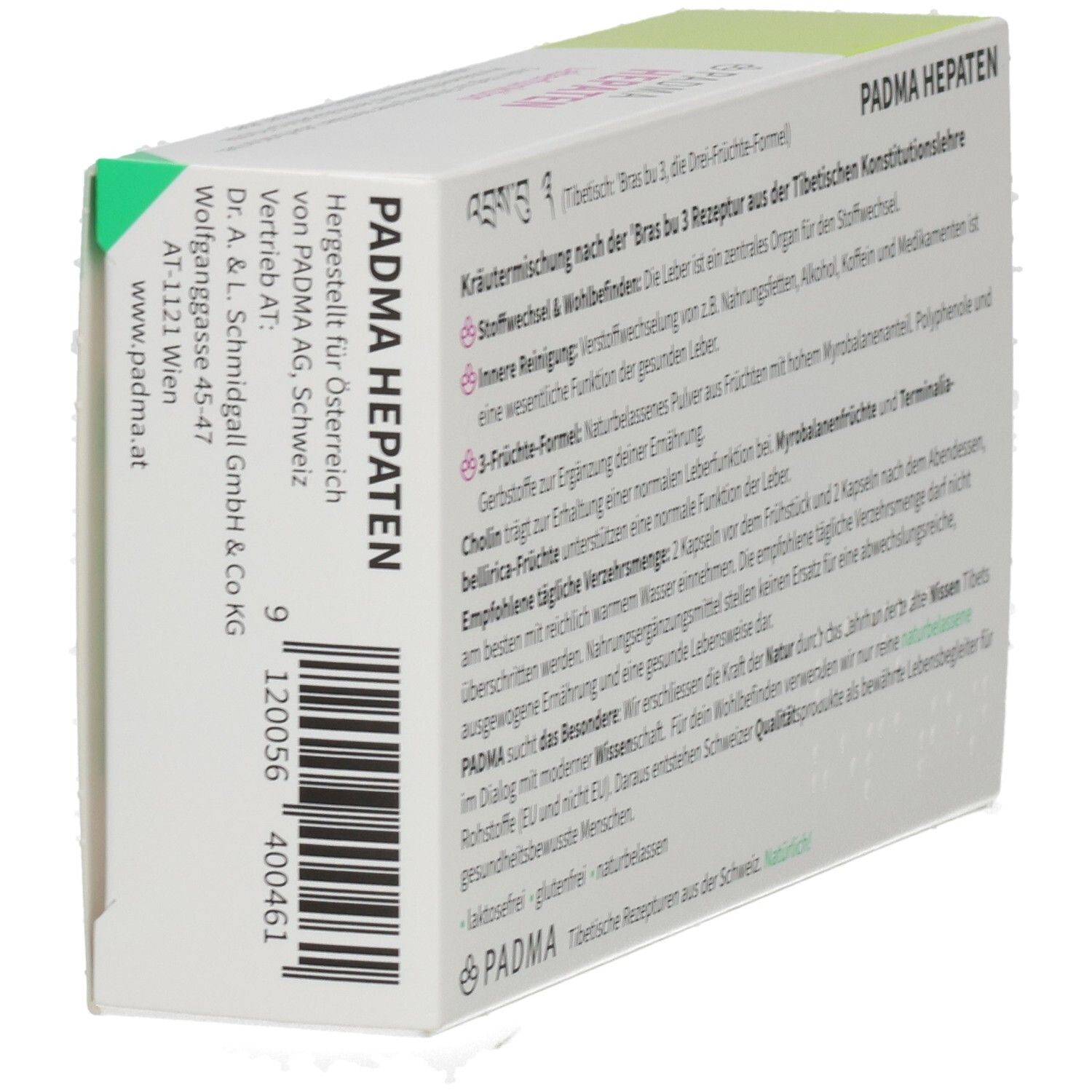 PADMA HEPATEN-Verpackung. Seite der Schachtel mit Text und Logo. Grün-weiß. Vegan.