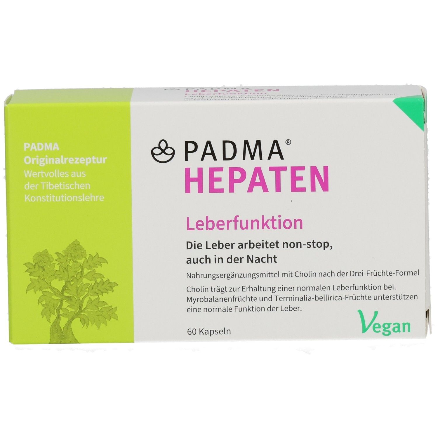 PADMA HEPATEN-Verpackung. Grün-weiße Schachtel mit Produktnamen und Logo. Enthält 60 Kapseln. Vegan.