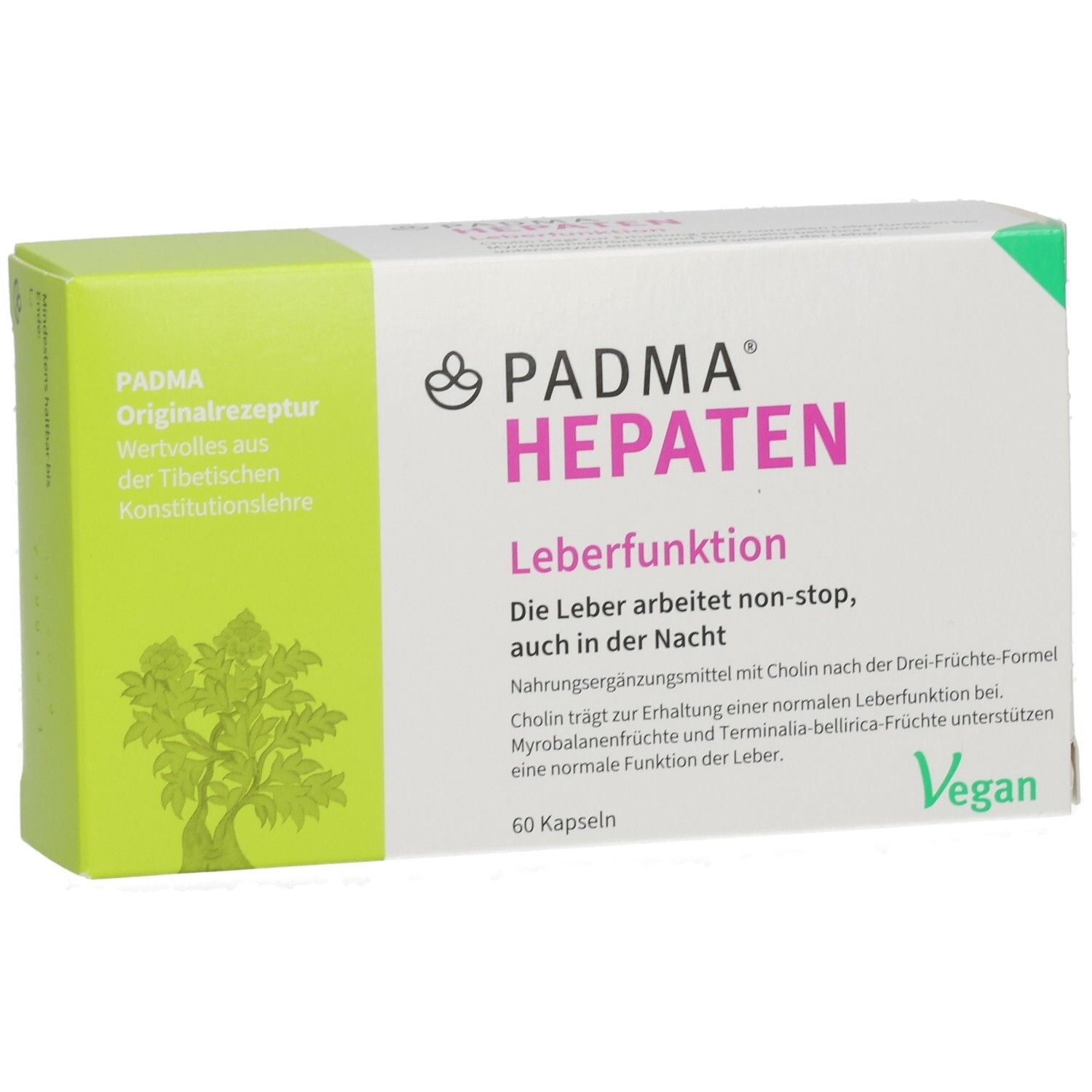 PADMA HEPATEN-Verpackung. Grün-weiße Schachtel mit Produktnamen und Logo. Enthält 60 Kapseln. Vegan.