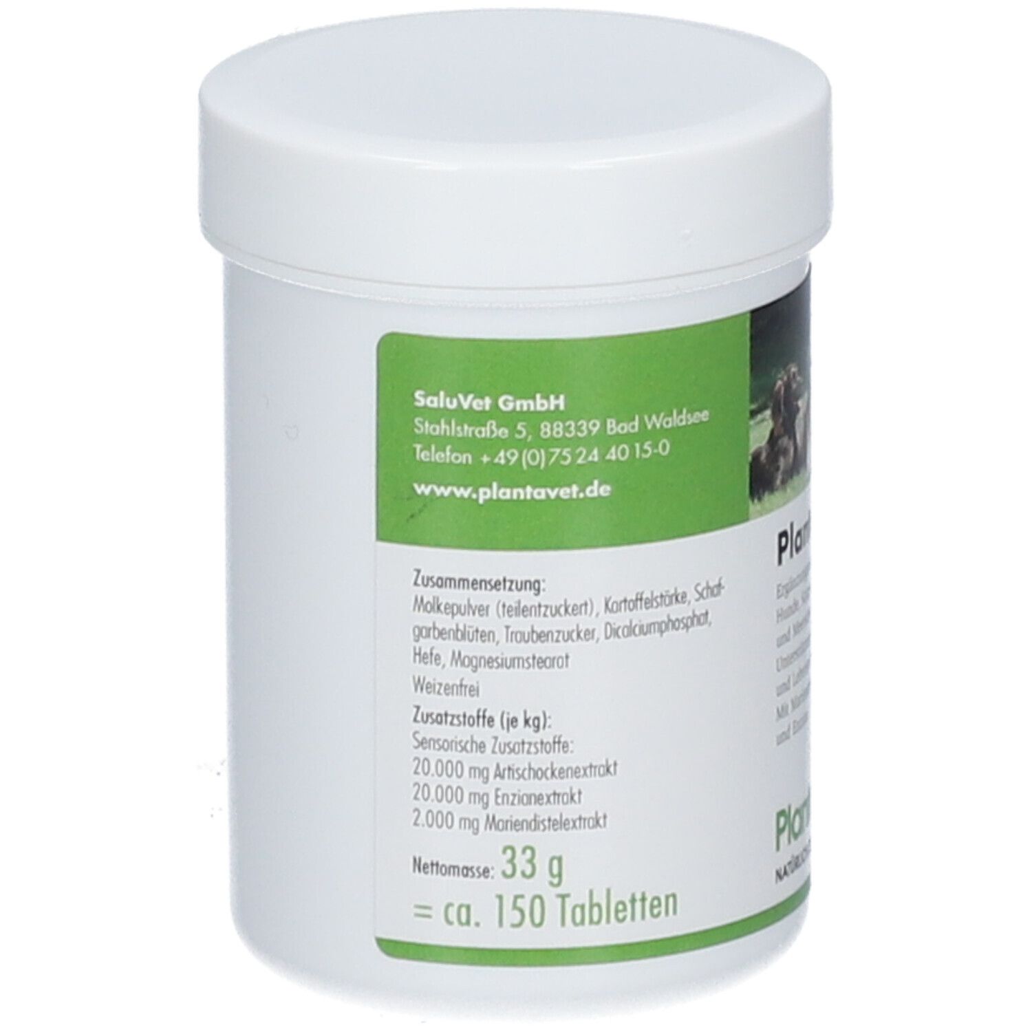 Rückseite der PlantaHepar® Dose mit Zusammensetzung, Zusatzstoffen und Netto-Masse von 33 g.