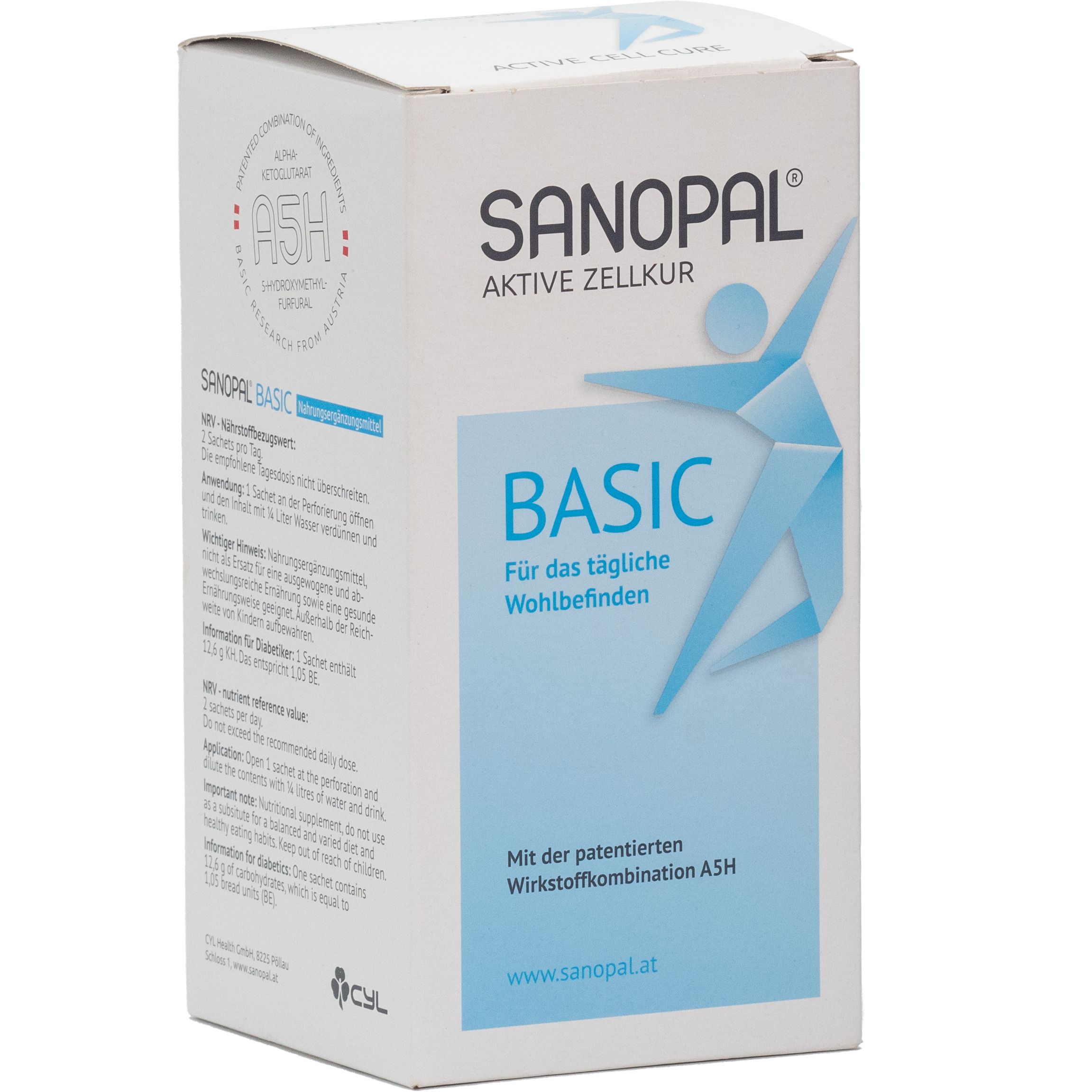 Weiße Schachtel mit SANOPAL BASIC. Text und Logo in Blau. Aufschrift: Aktive Zellkur, Für das tägliche Wohlbefinden.