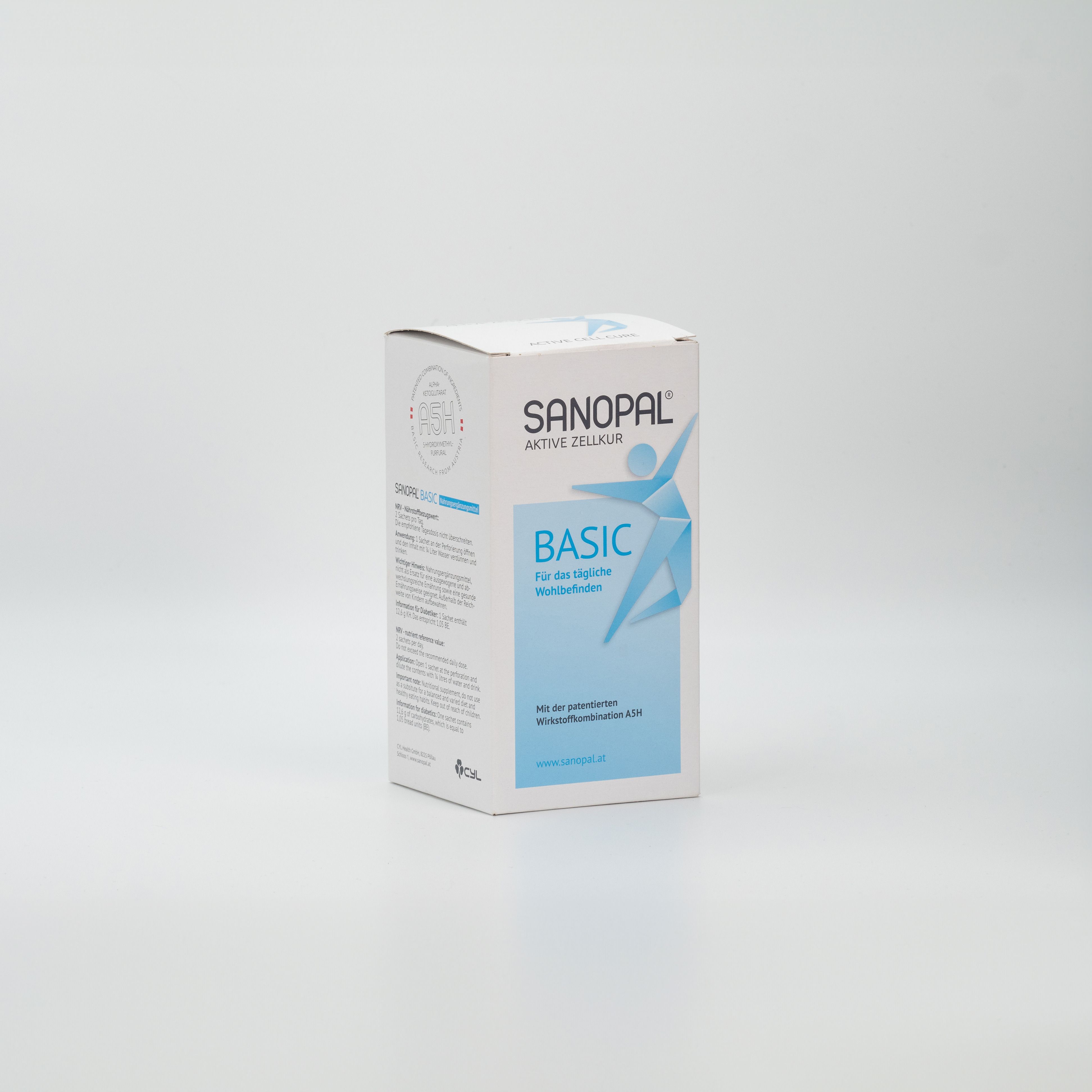 Weiße Schachtel SANOPAL BASIC. Blaues Logo und Text. Aufschrift: Aktive Zellkur, Für das tägliche Wohlbefinden. Steht auf weißem Hintergrund.