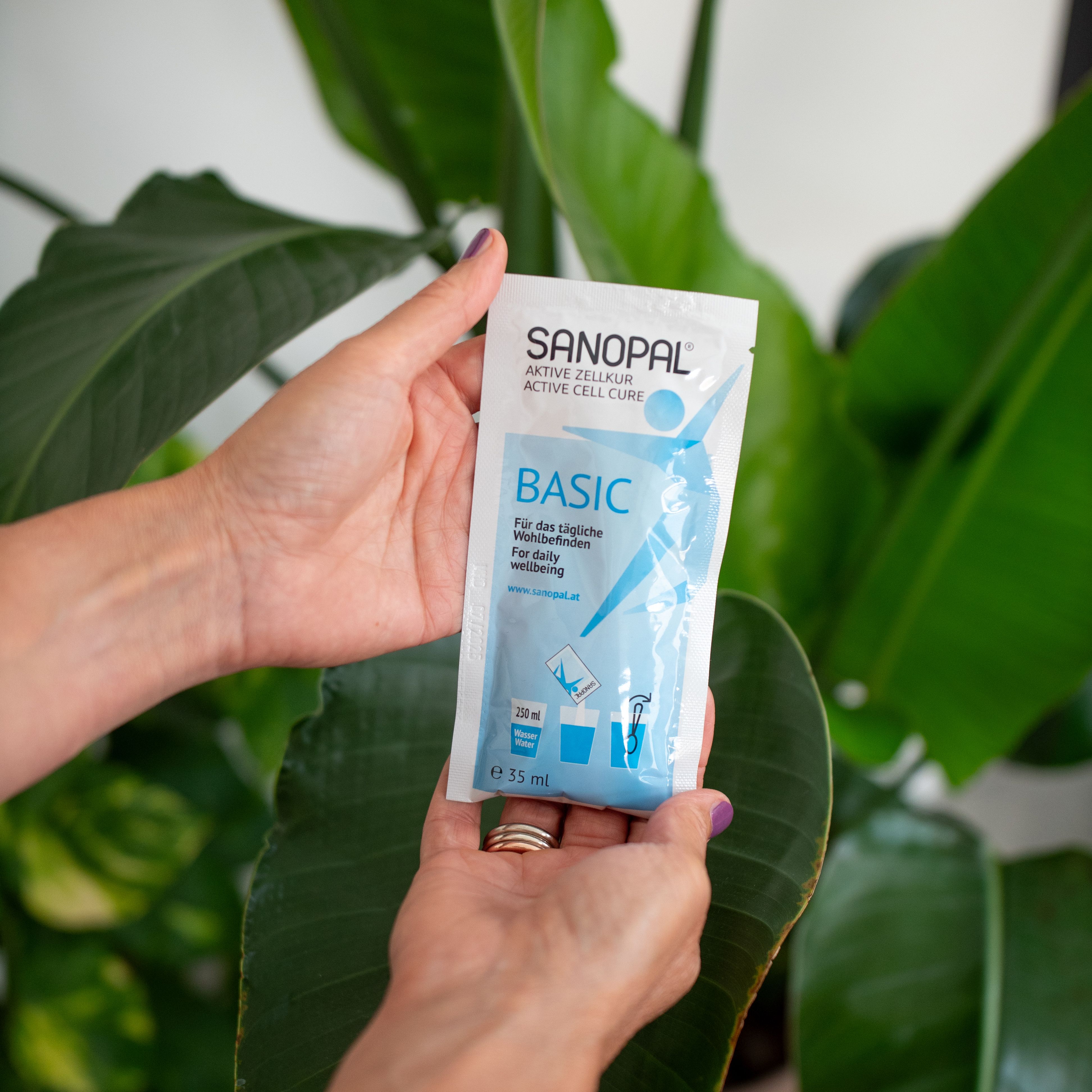 Hände halten einen SANOPAL BASIC-Beutel. Auf dem Beutel steht der Produktname und weitere Informationen. Vor einem grünen Hintergrund.
