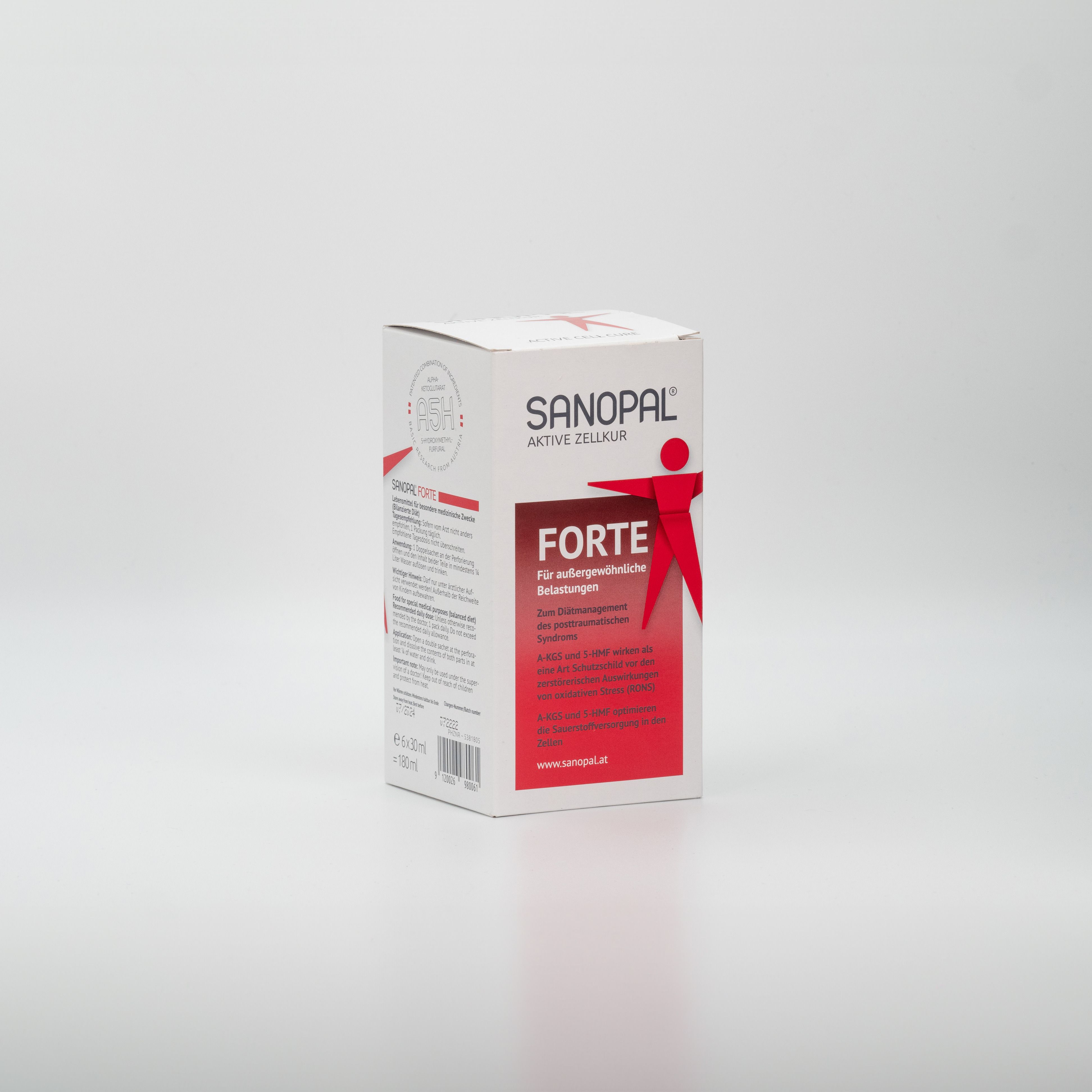 Weiße Faltschachtel mit rotem Schriftfeld. Aufschrift: SANOPAL FORTE. Logo: roter Mensch. ASH-Zertifizierung.