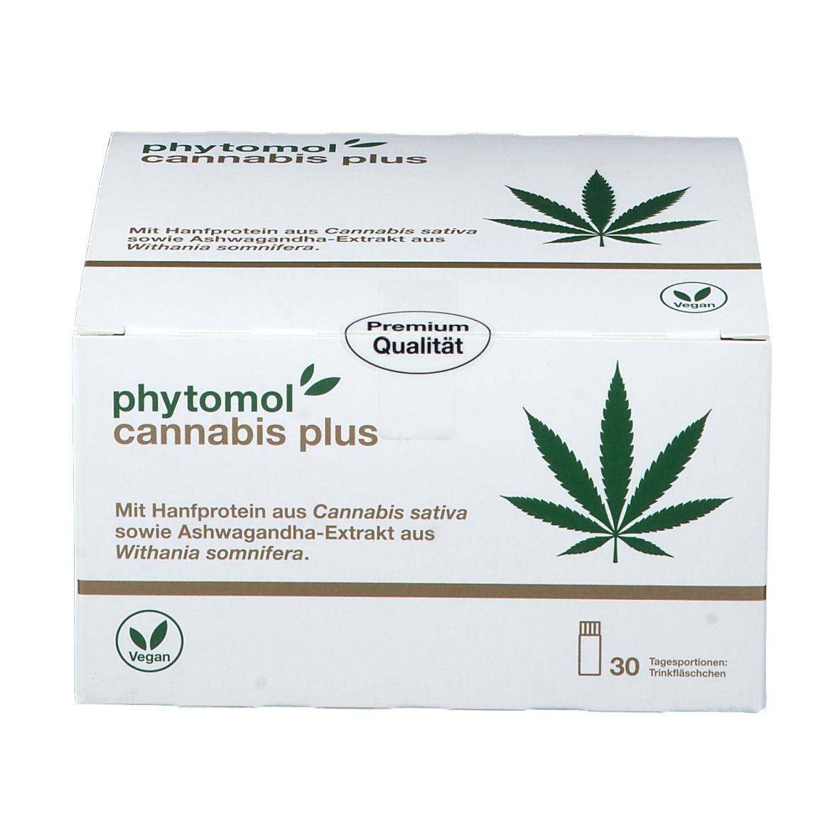 Weiße Verpackung mit "phytomol cannabis plus"-Logo, Cannabisblatt-Grafik und "Vegan"-Siegel. Enthält 30 Tagesportionen.