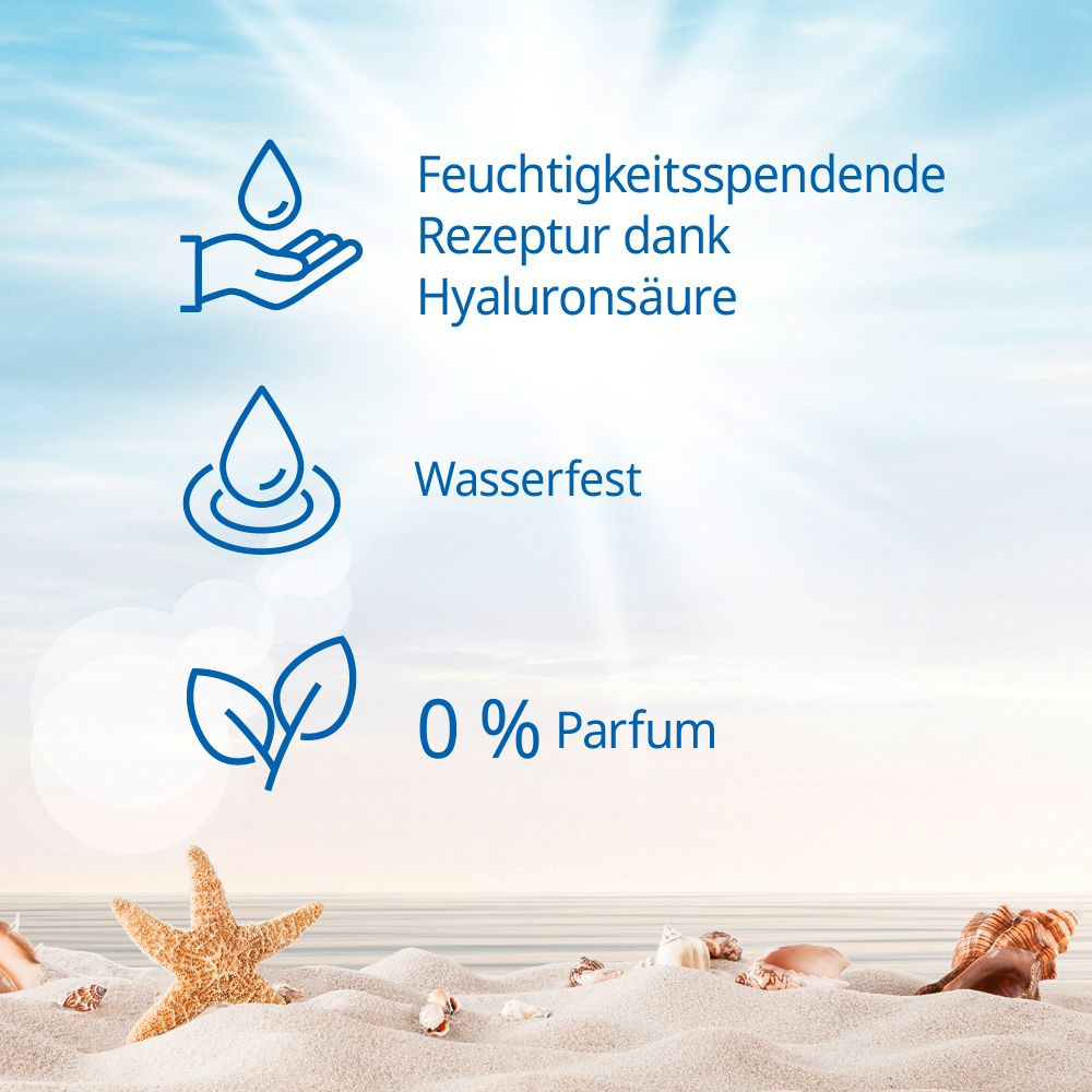 Grafik mit Symbolen: Feuchtigkeitsspendend, Wasserfest, 0% Parfum. Auf Sand liegen eine Seestern und eine Muschel.
