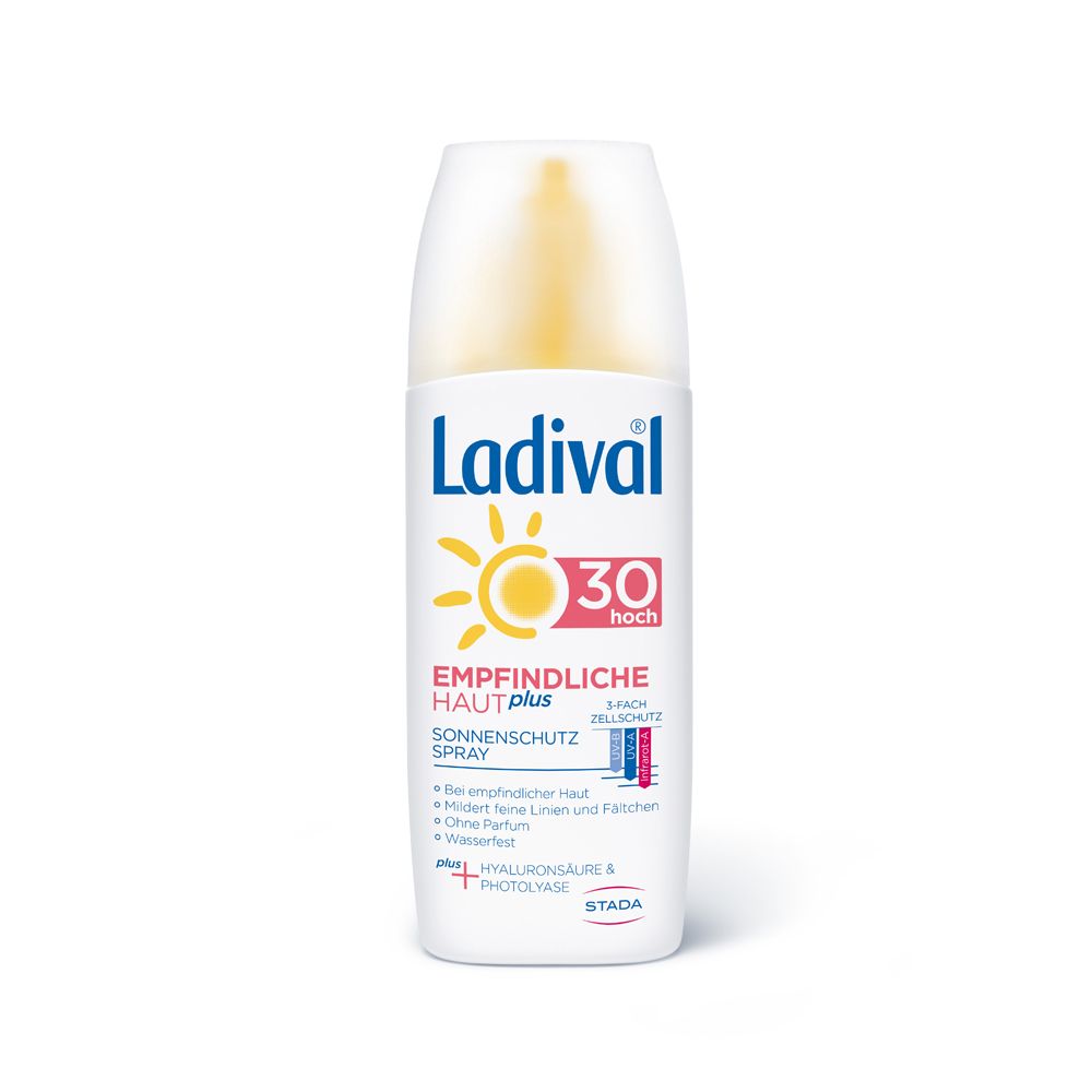 Ladival® Sonnenschutz Spray LSF 30. Weiße Flasche mit gelbem Sprühkopf. Text: Empfindliche Haut plus, 30 hoch, Hyaluronsäure & Photolyase.