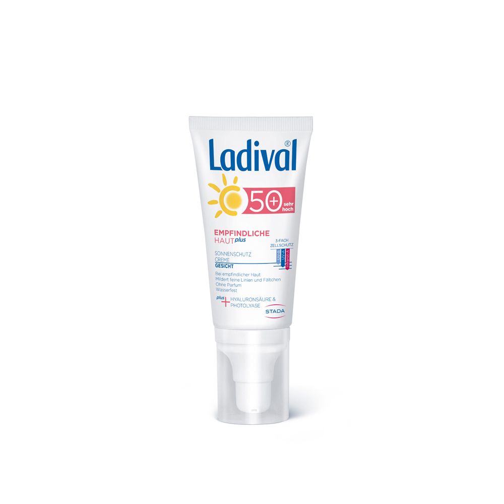 Weiße Tube mit Ladival-Logo und Aufschrift 'Empfindliche Haut plus Sonnenschutz Creme Gesicht LSF 50+'.