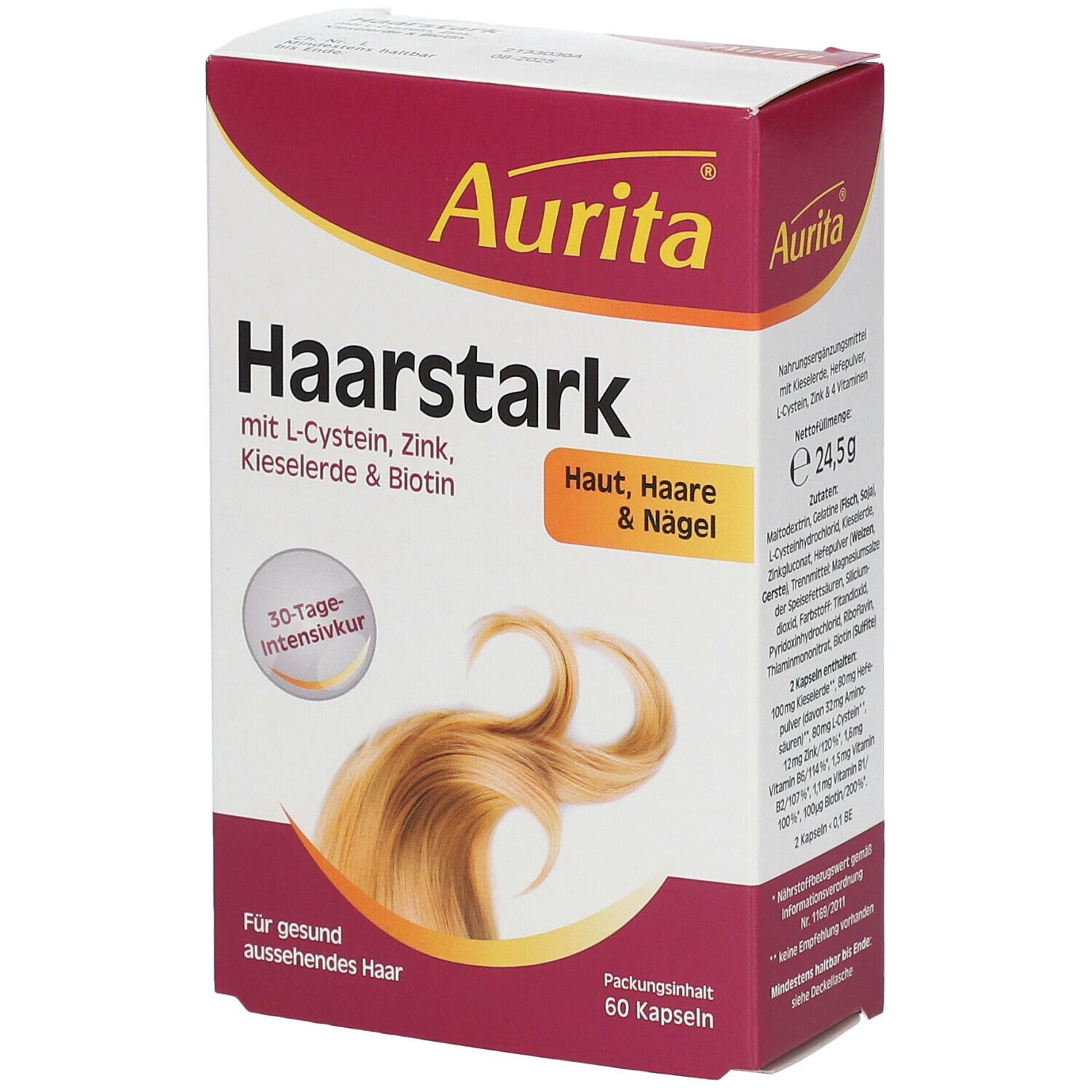 Aurita Haarstark-Verpackung. Enthält 60 Kapseln. Aufschrift: Haut, Haare & Nägel. 30-Tage-Intensivkur.