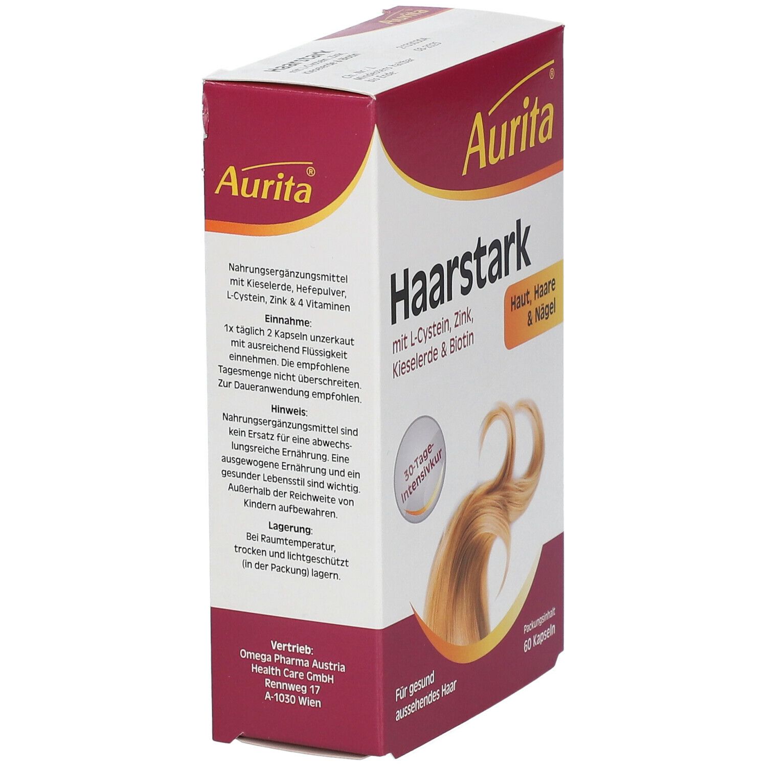 Aurita Haarstark-Verpackung. Enthält 60 Kapseln. Aufschrift: Haut, Haare & Nägel. 10-Tage-Intensivkur.