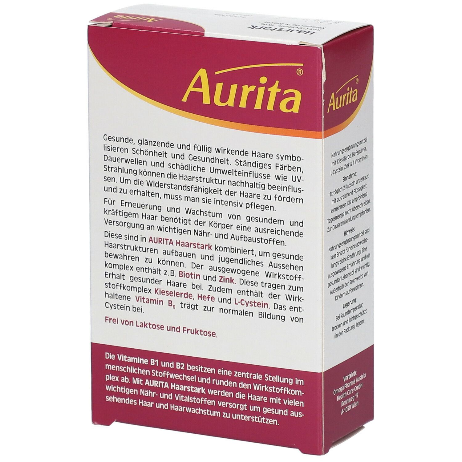 Rückseite der Aurita Haarstark-Verpackung. Text über Inhaltsstoffe und Anwendung. Frei von Laktose und Fruktose.