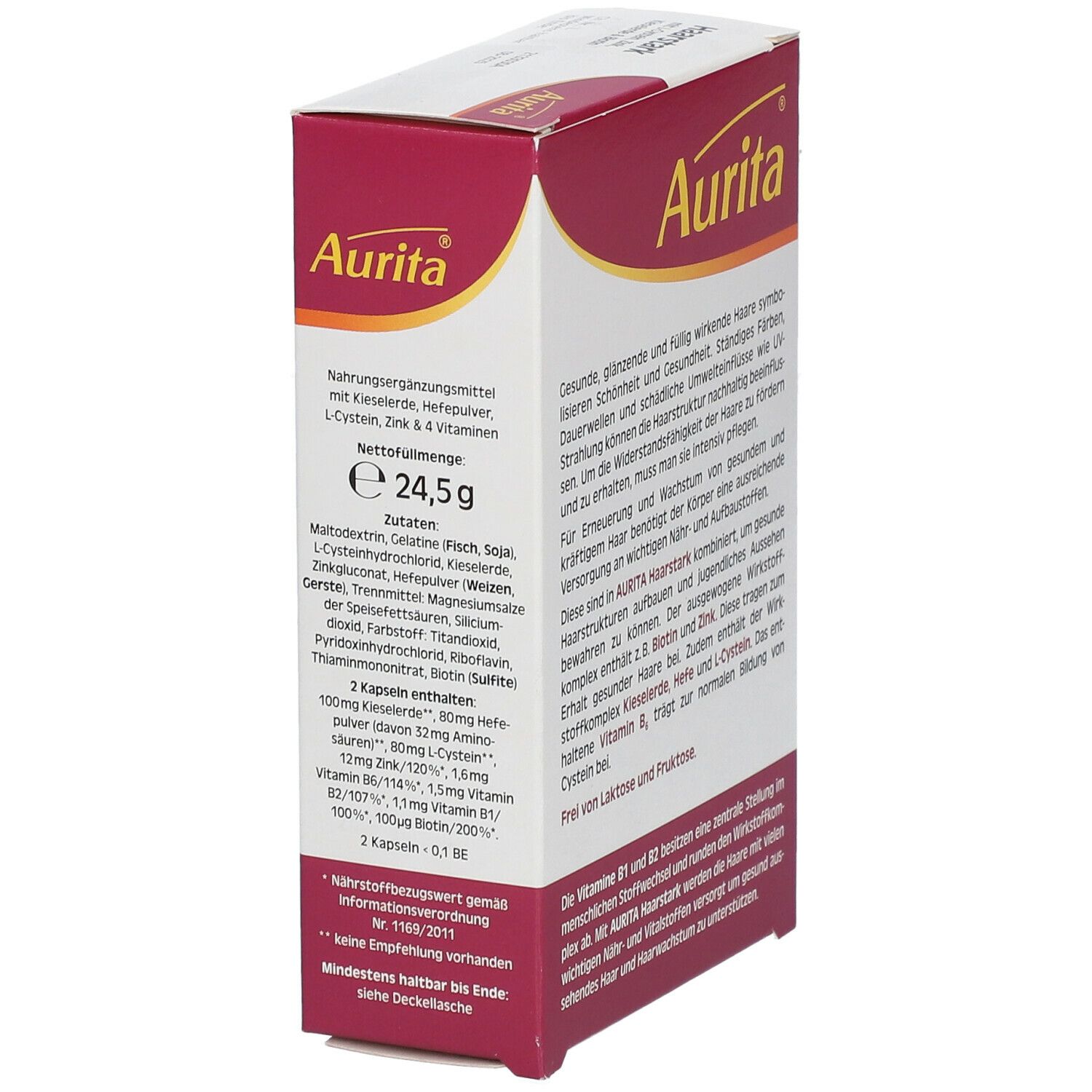 Rückseite der Aurita Haarstark-Verpackung. Text über Inhaltsstoffe und Anwendung. Nettogewicht 24,5g.