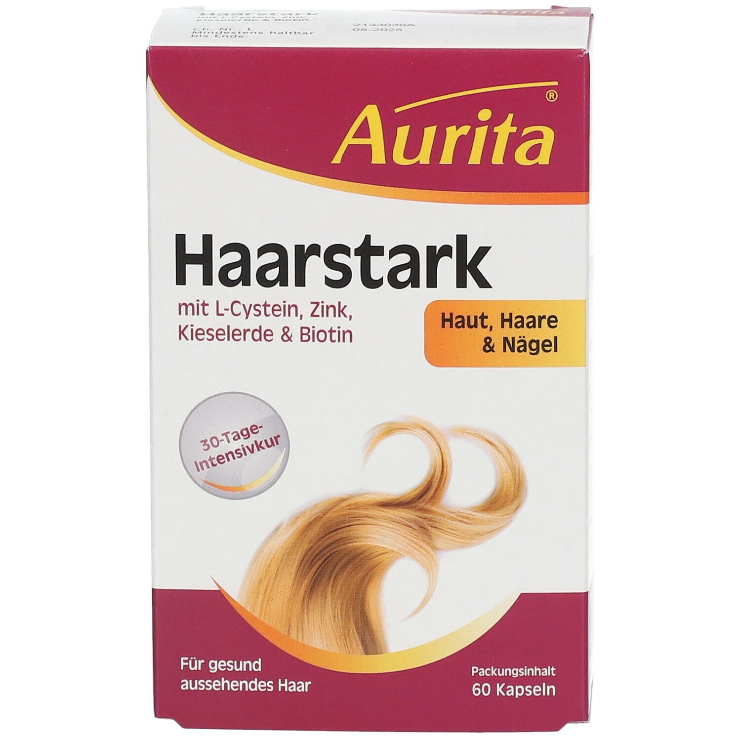 Aurita Haarstark-Verpackung. Enthält 60 Kapseln. Aufschrift: Haut, Haare & Nägel. 30-Tage-Intensivkur.