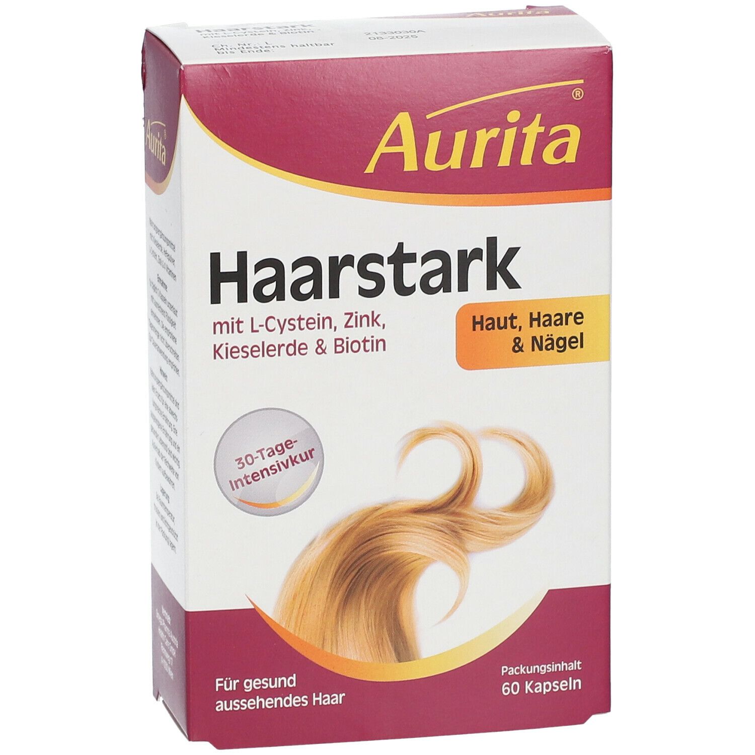 Aurita Haarstark-Verpackung. Enthält 60 Kapseln. Aufschrift: Haut, Haare & Nägel. 30-Tage-Intensivkur.