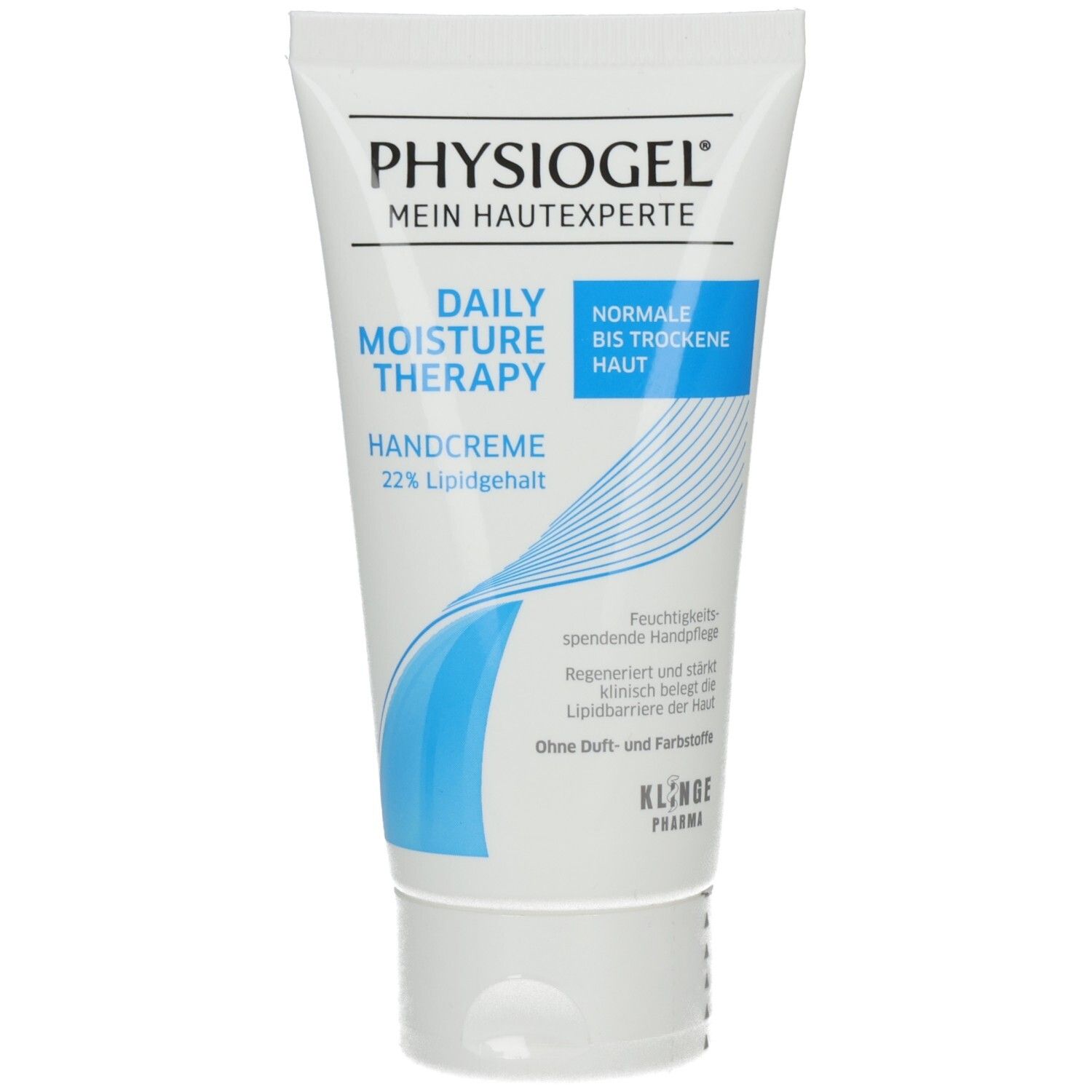 Weisse Tube PhysioGel Handcreme. Blaue Akzente. Schriftzug: Daily Moisture Therapy, Handcreme, 22% Lipid. Normale bis trockene Haut.