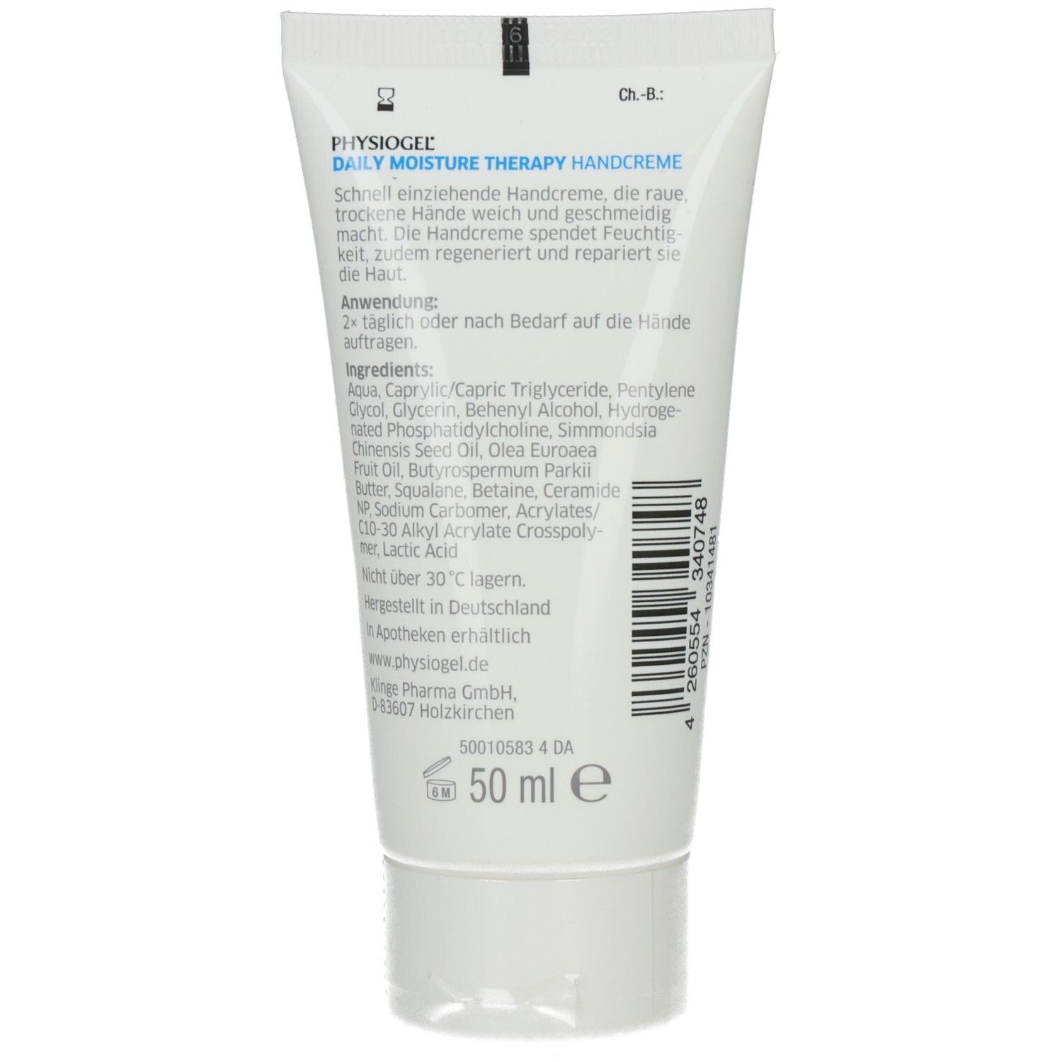 Rückseite der PhysioGel Handcreme-Tube. Text: Daily Moisture Therapy Handcreme. Inhaltsstoffe. Barcode. 50 ml. Apotheken erhältlich.
