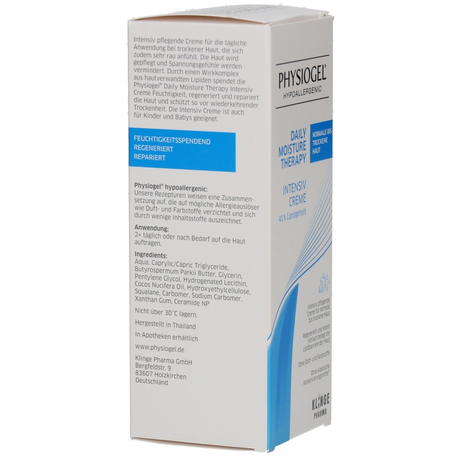 PHYSIOGEL® Daily Moisture Therapy Intensiv Creme. Weiße Faltschachtel, Rückseite. Text: Feuchtigkeitsspendend, repariert. Inhaltsstoffe, Anwendungshinweise.