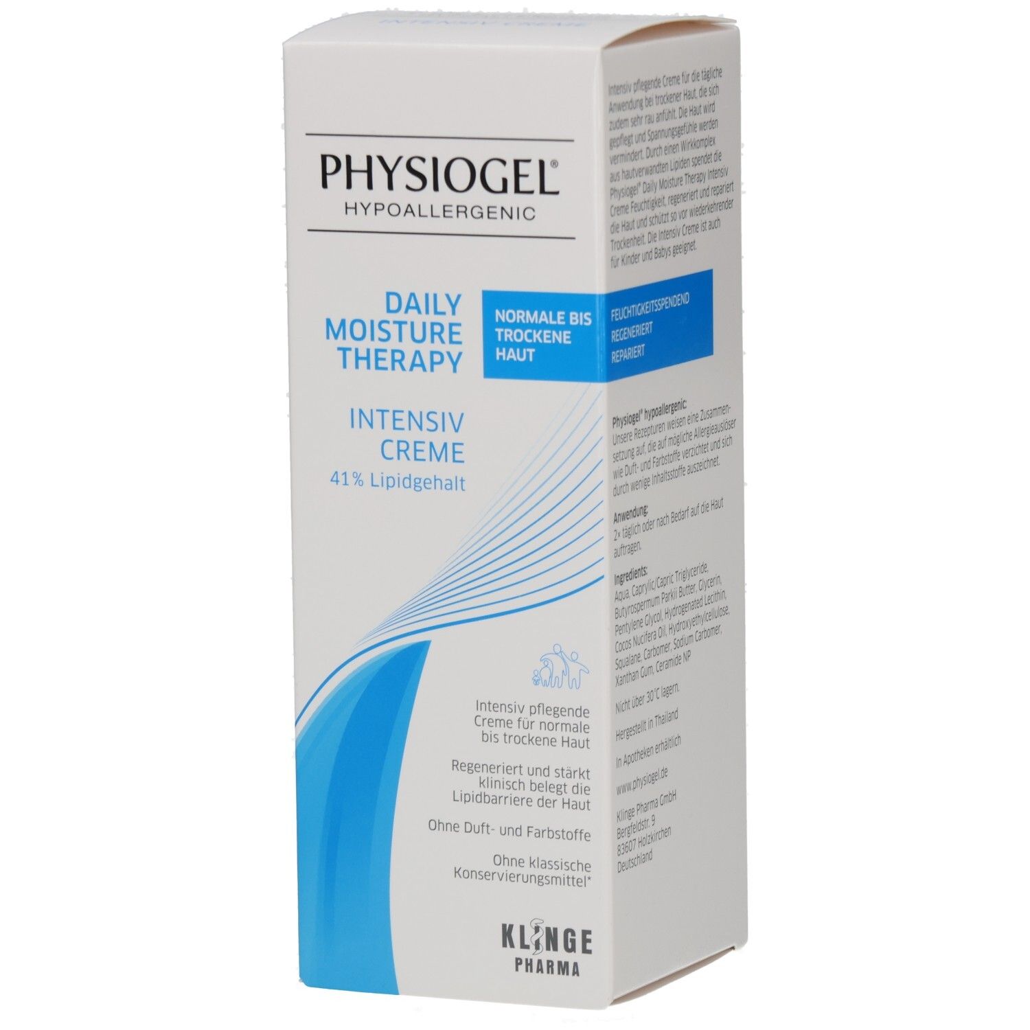PHYSIOGEL® Daily Moisture Therapy Intensiv Creme. Weiße Faltschachtel mit blauen Akzenten. Text: Normale bis trockene Haut, 41% Lipid. Klinge Pharma.