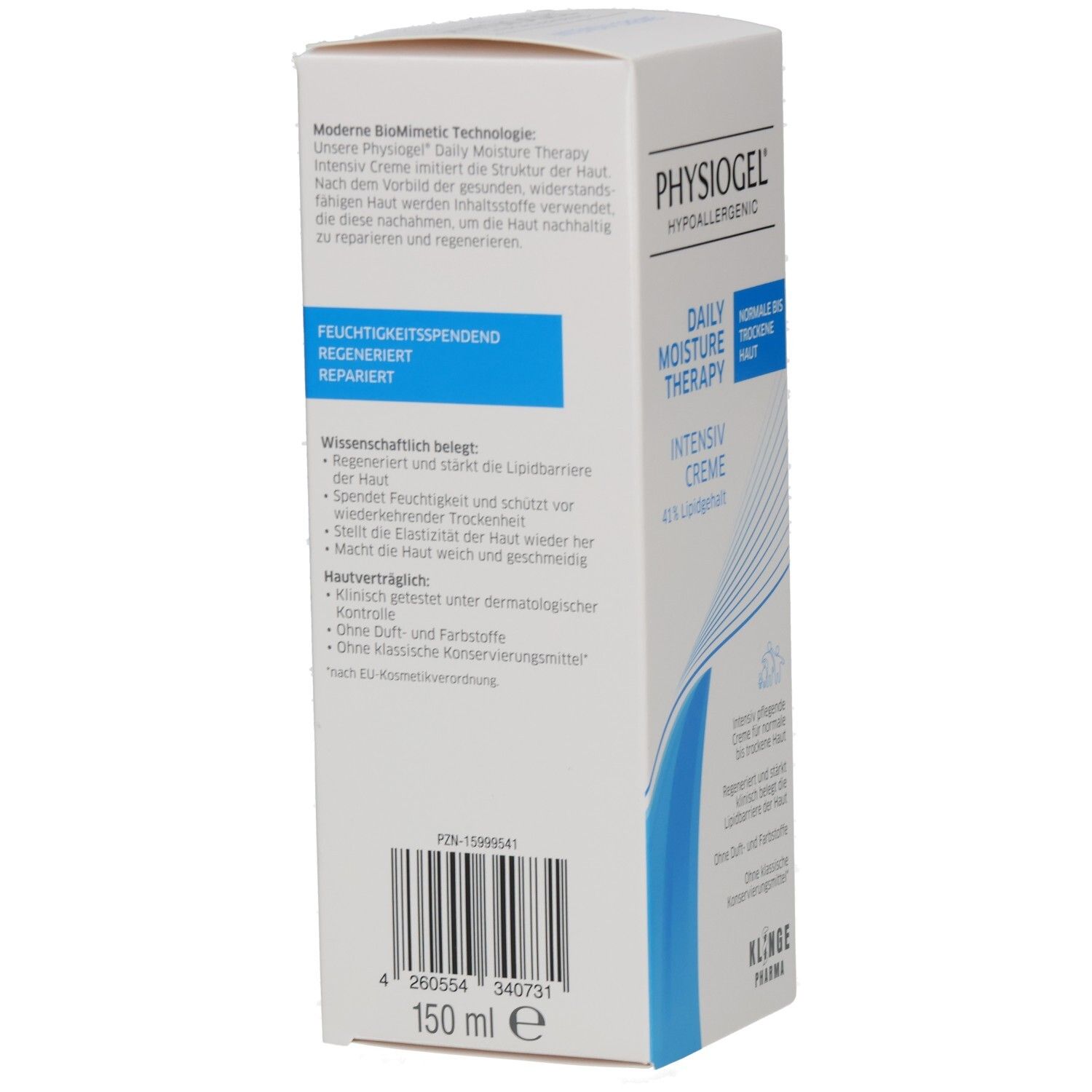 PHYSIOGEL® Daily Moisture Therapy Intensiv Creme. Weiße Faltschachtel, Rückseite. Text: Feuchtigkeitsspendend, repariert. 150 ml. Klinge Pharma.