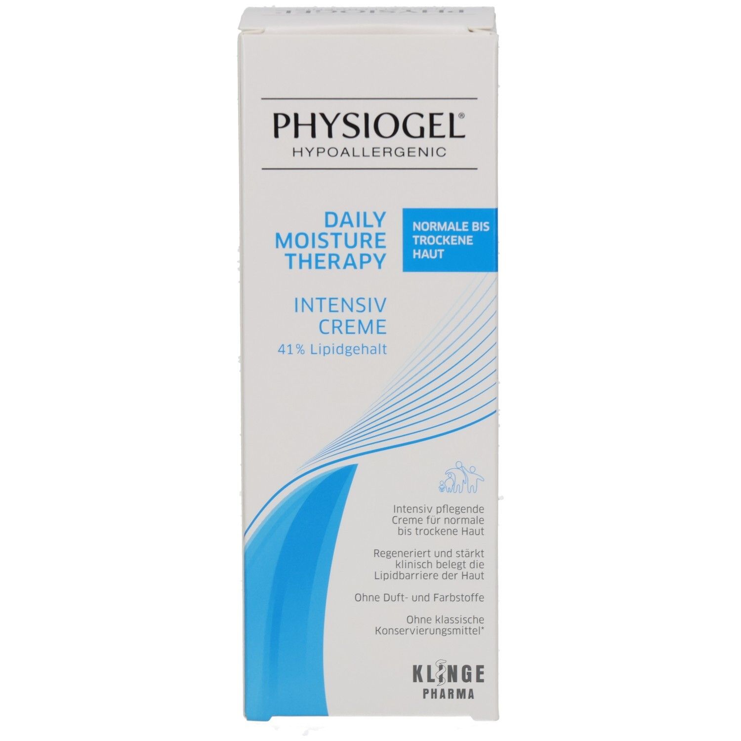 PHYSIOGEL® Daily Moisture Therapy Intensiv Creme. Weiße Faltschachtel mit blauen Akzenten. Text: Normale bis trockene Haut, 41% Lipid. Klinge Pharma.